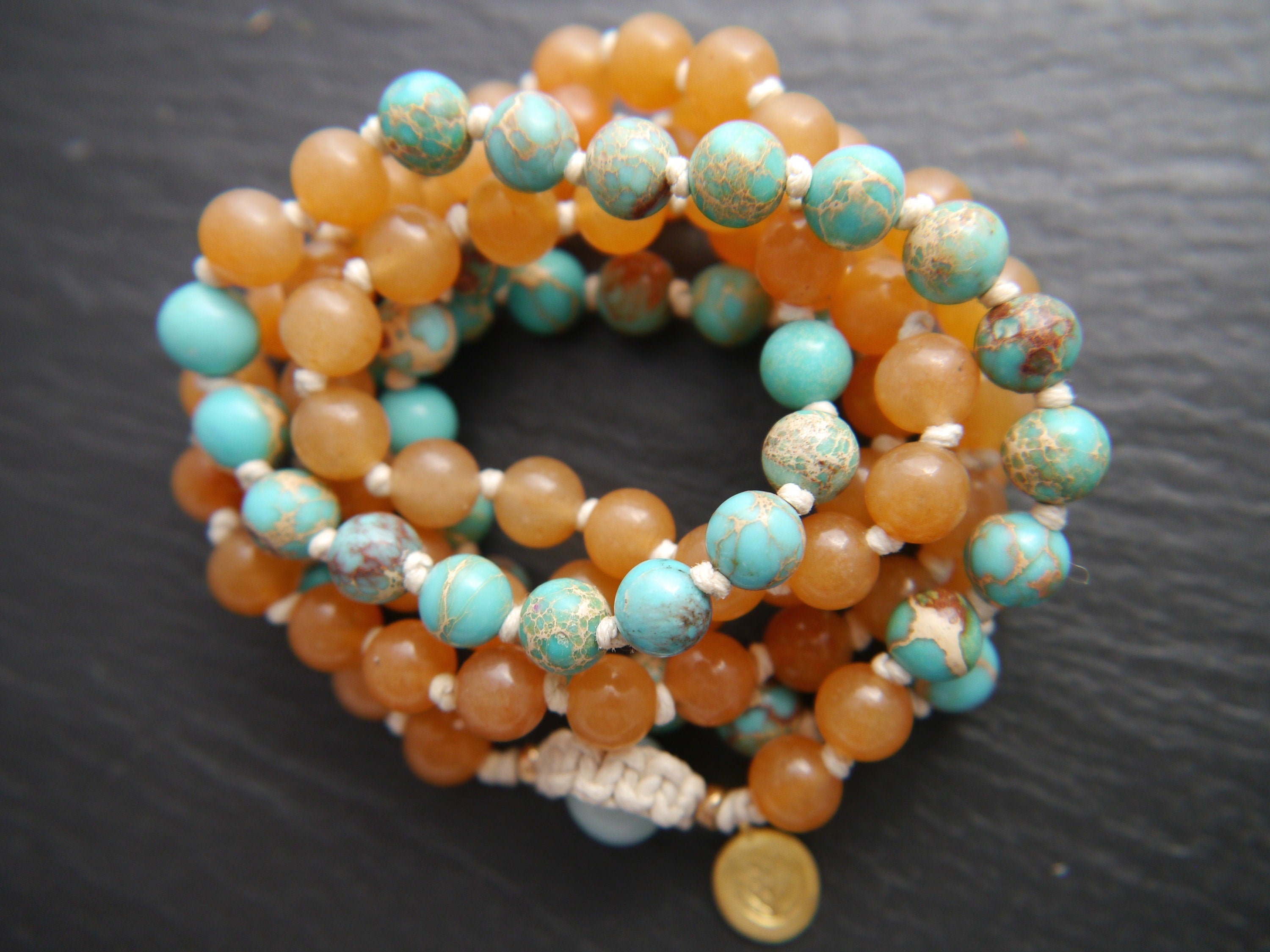 Red Aventurine Amazonite Mala Beads, 108 Gemstone Beads, Wrap, Hand Knotted