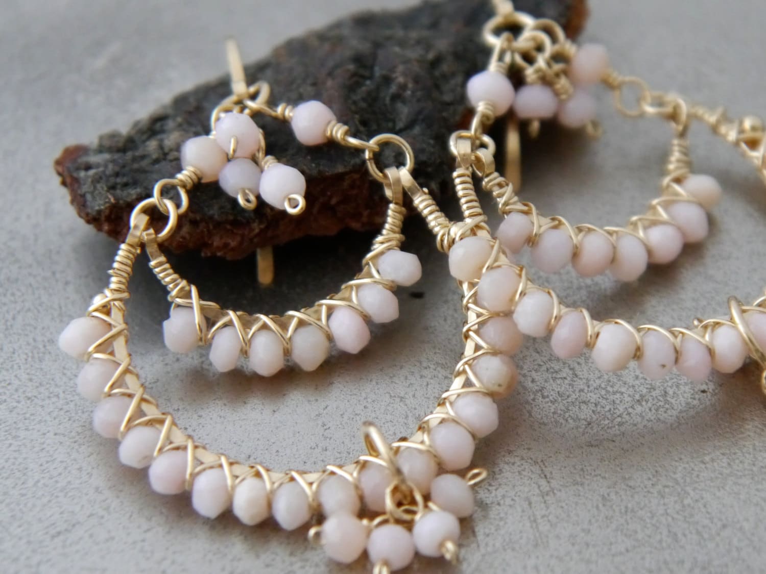 Pink Opal Romantic Chandelier Hoop Gemstone Earrings, 14K Gold Filled Ethereal Bride