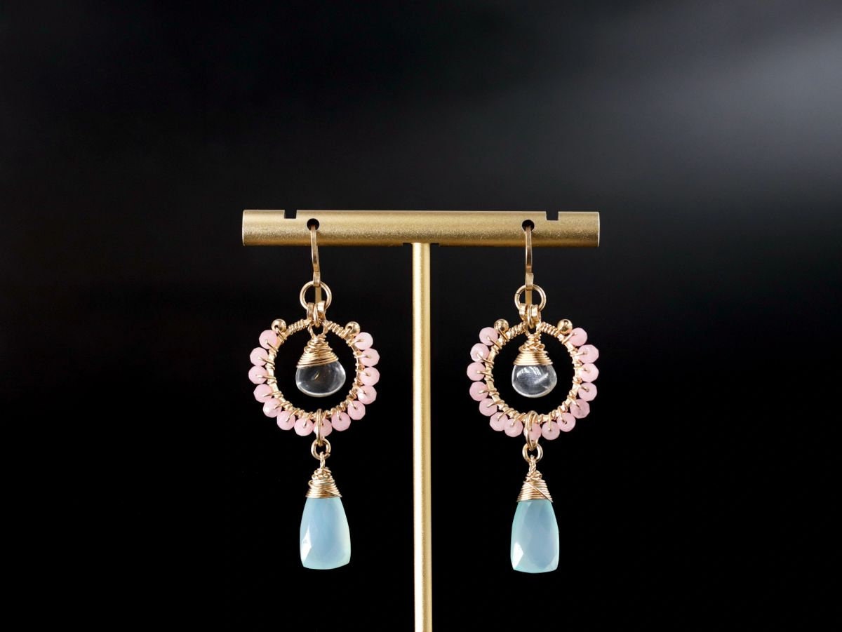 Pink Opal Chalcedony Trillion Briolette Floral Gemstone Earrings, 14K Gold Filled Bohemian Style