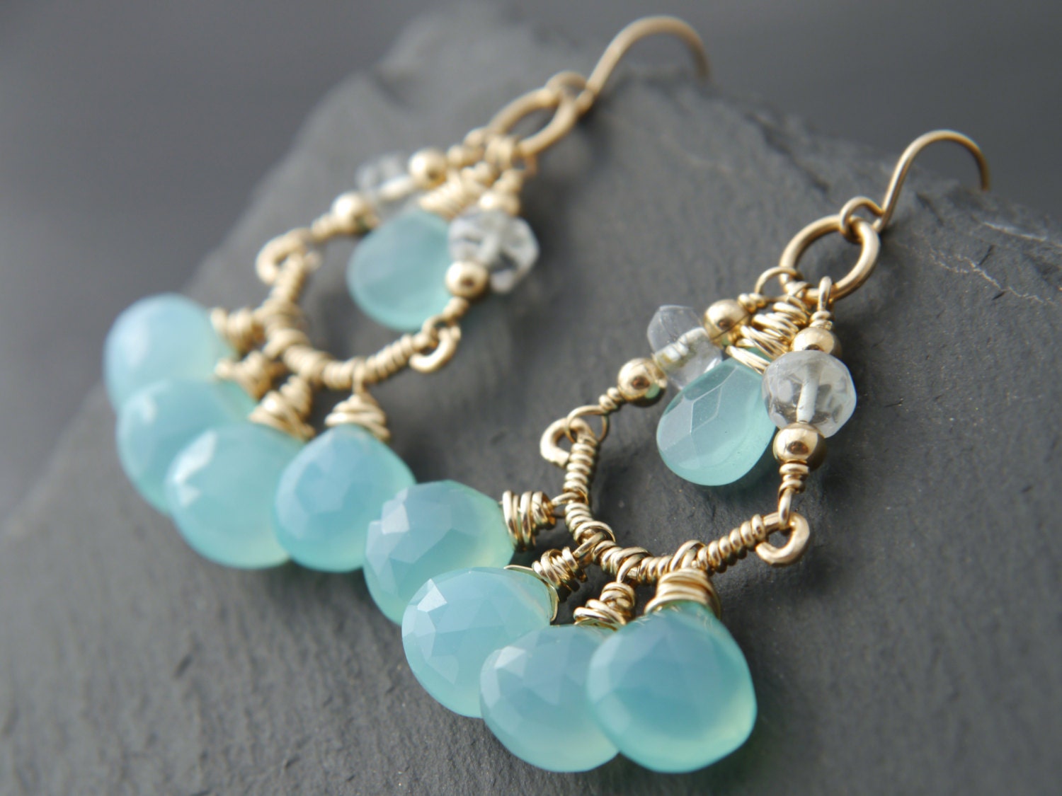 Aqua Chalcedony Heart Chandelier Gemstone Earrings, 14K Gold Filled Something Blue