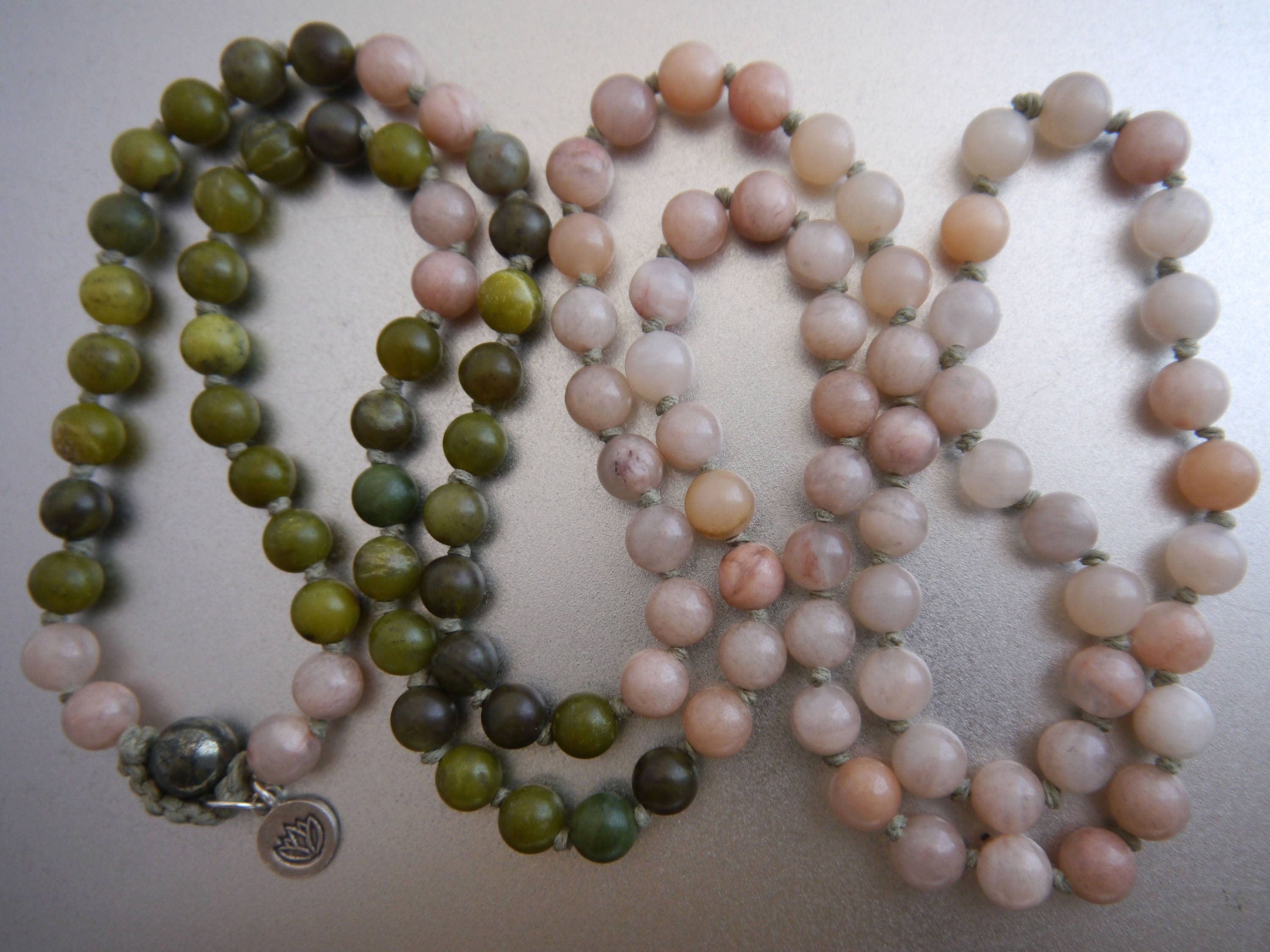 Pink Aventurine Green Serpentine Mala Beads, 108 Gemstone , Hand Knotted