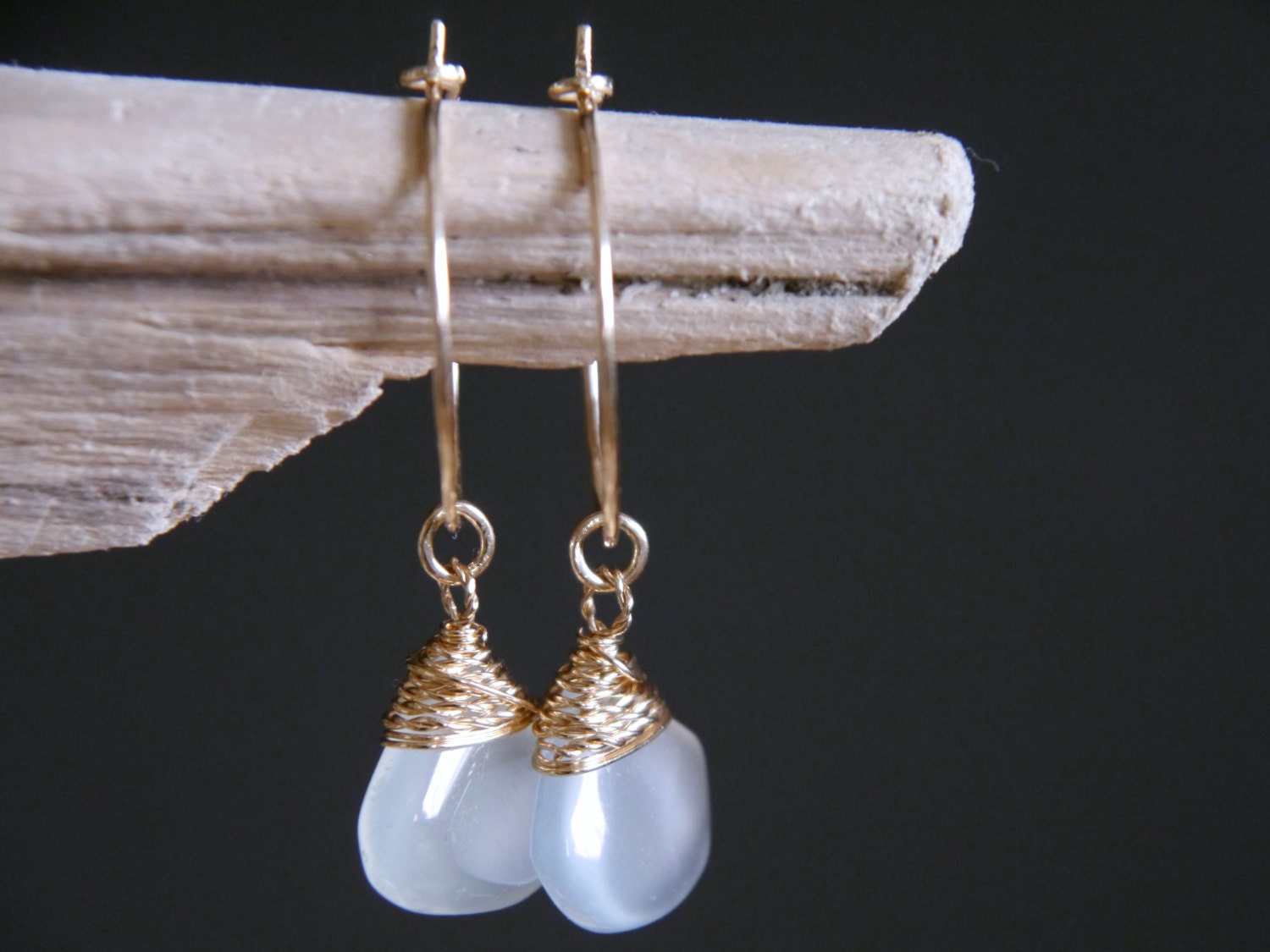 Aqua Chalcedony Heart Teardrop Hoop Gemstone Earrings, 14K Gold Filled Romantic