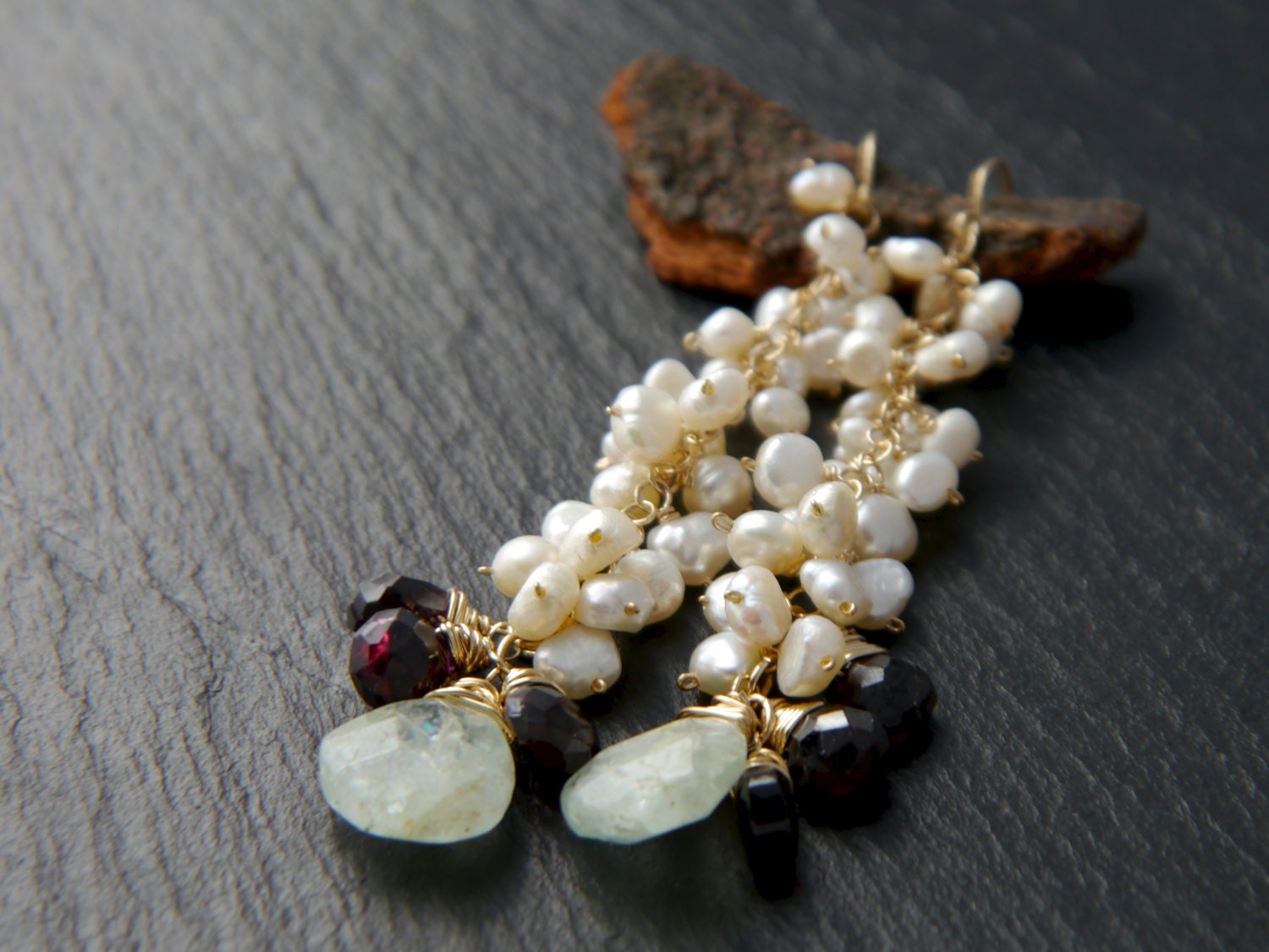 Aquamarine Garnet Pearl Cluster Long Dangle  Gemstone Earrings, 14K Gold Filled Bridal
