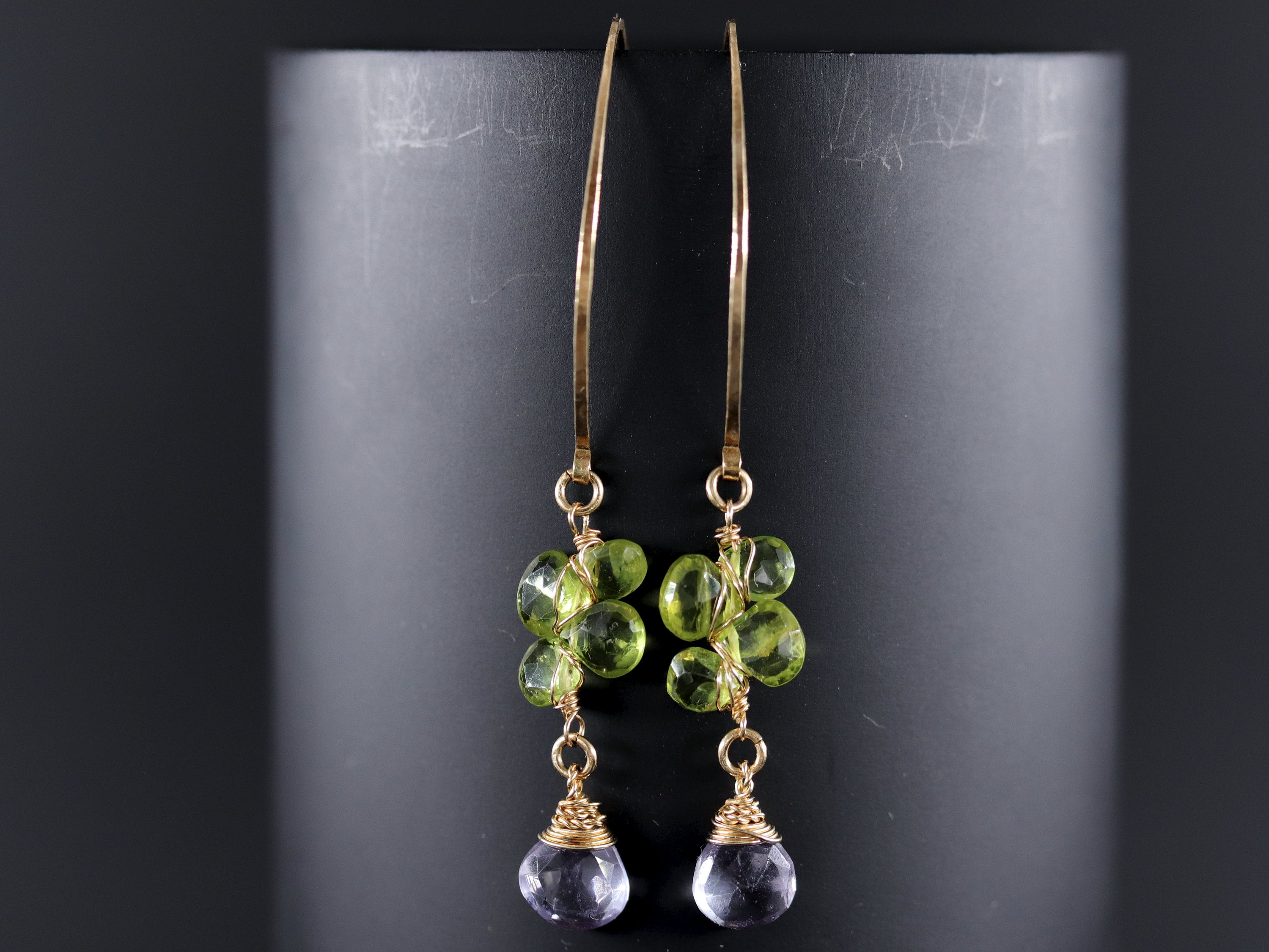 Blue Quartz and Peridot Floral Cluster Gemstone Earrings, 14K Gold Filled Botanical
