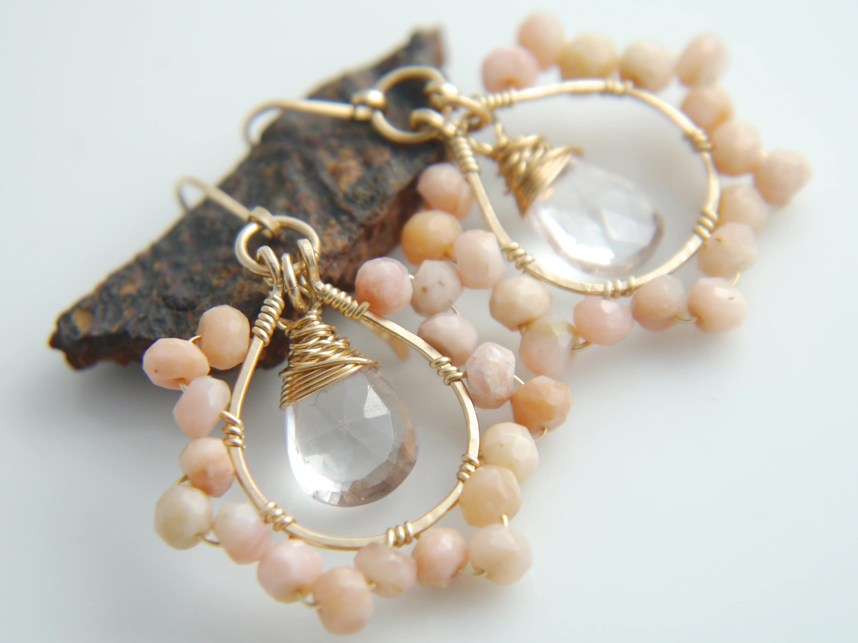 Pink Opal Teardrop Floral Gemstone Earrings, 14K Gold Filled Garden Wedding