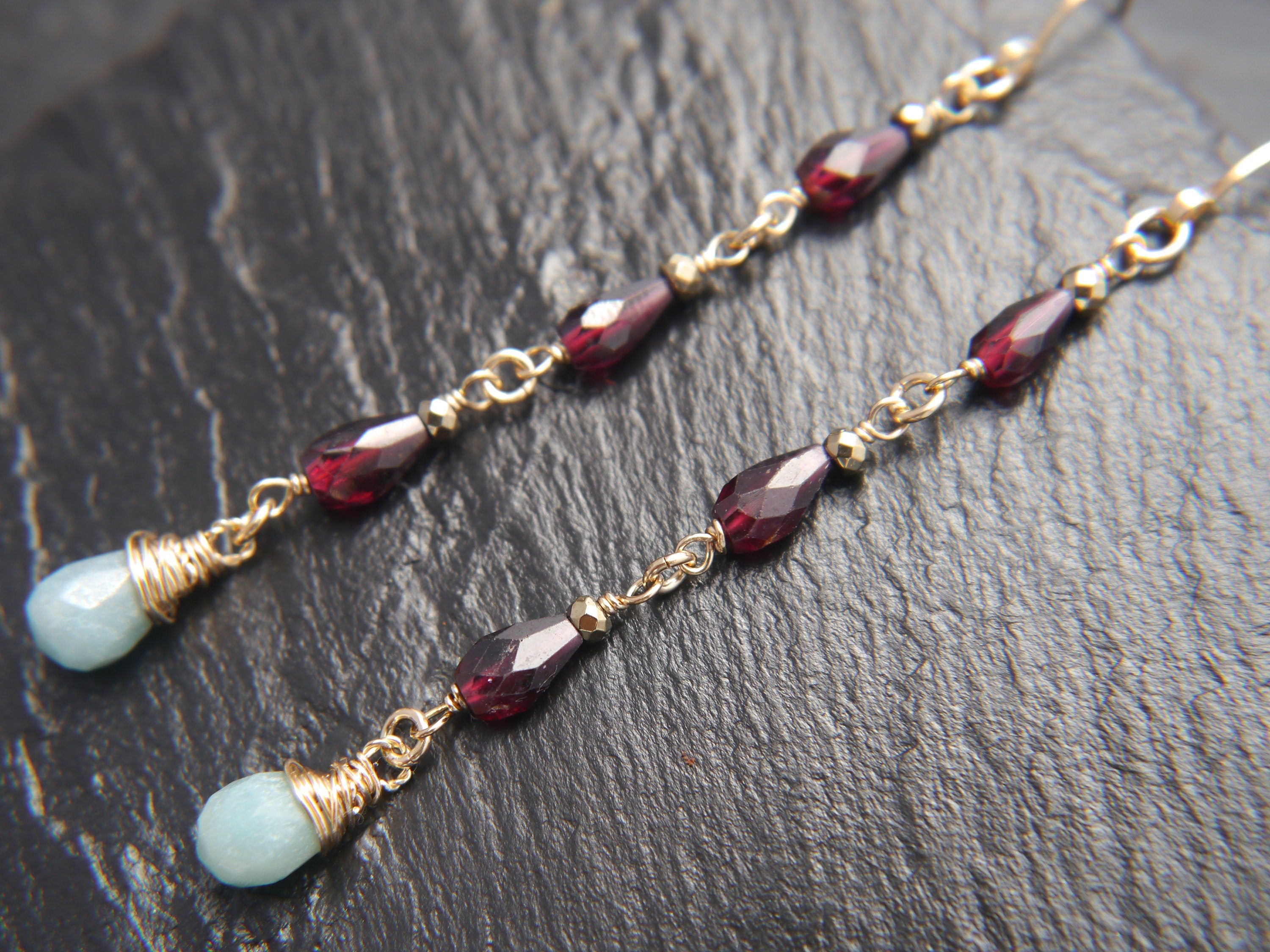 Garnet Amazonite Long Dangle Teardrop Gemstone Earrings, 14K Gold Filled Art Deco