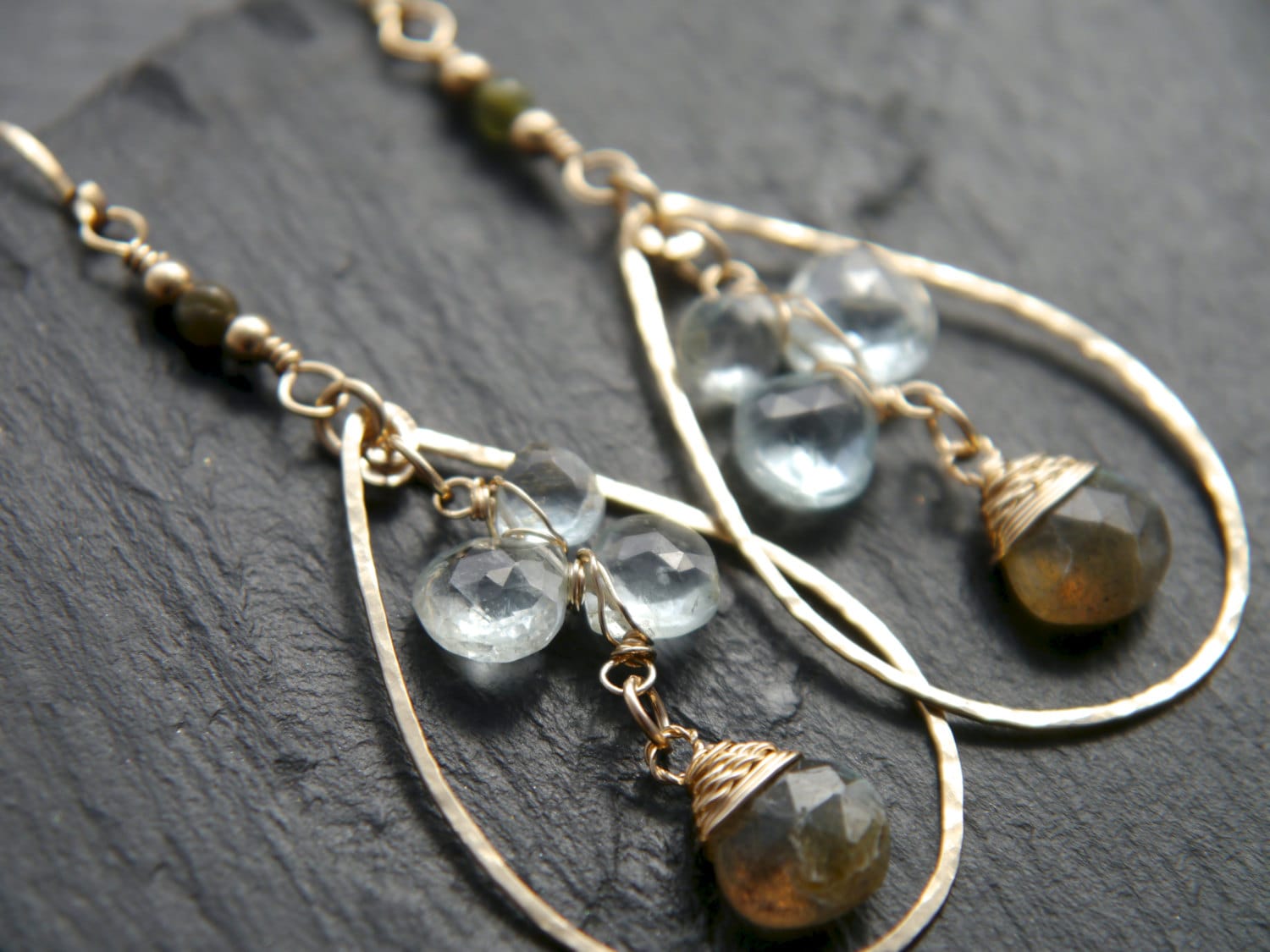 Aquamarine Labradorite Teardrop Floral Hoop Gemstone Earrings, 14K Gold Filled Bridal
