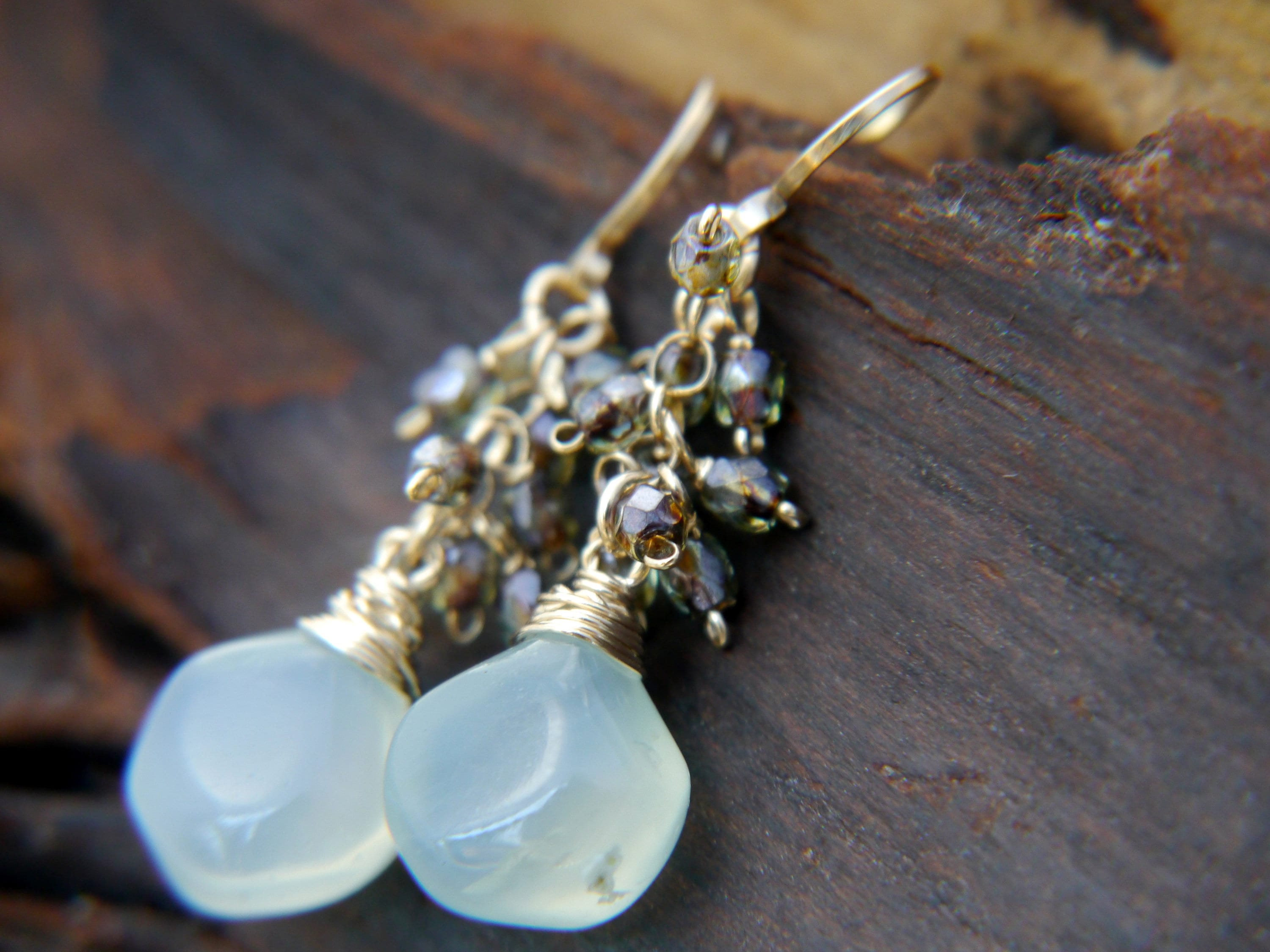 Aqua Chalcedony Cluster Teardrop Gemstone Earrings, 14K Gold Filled Classic Style