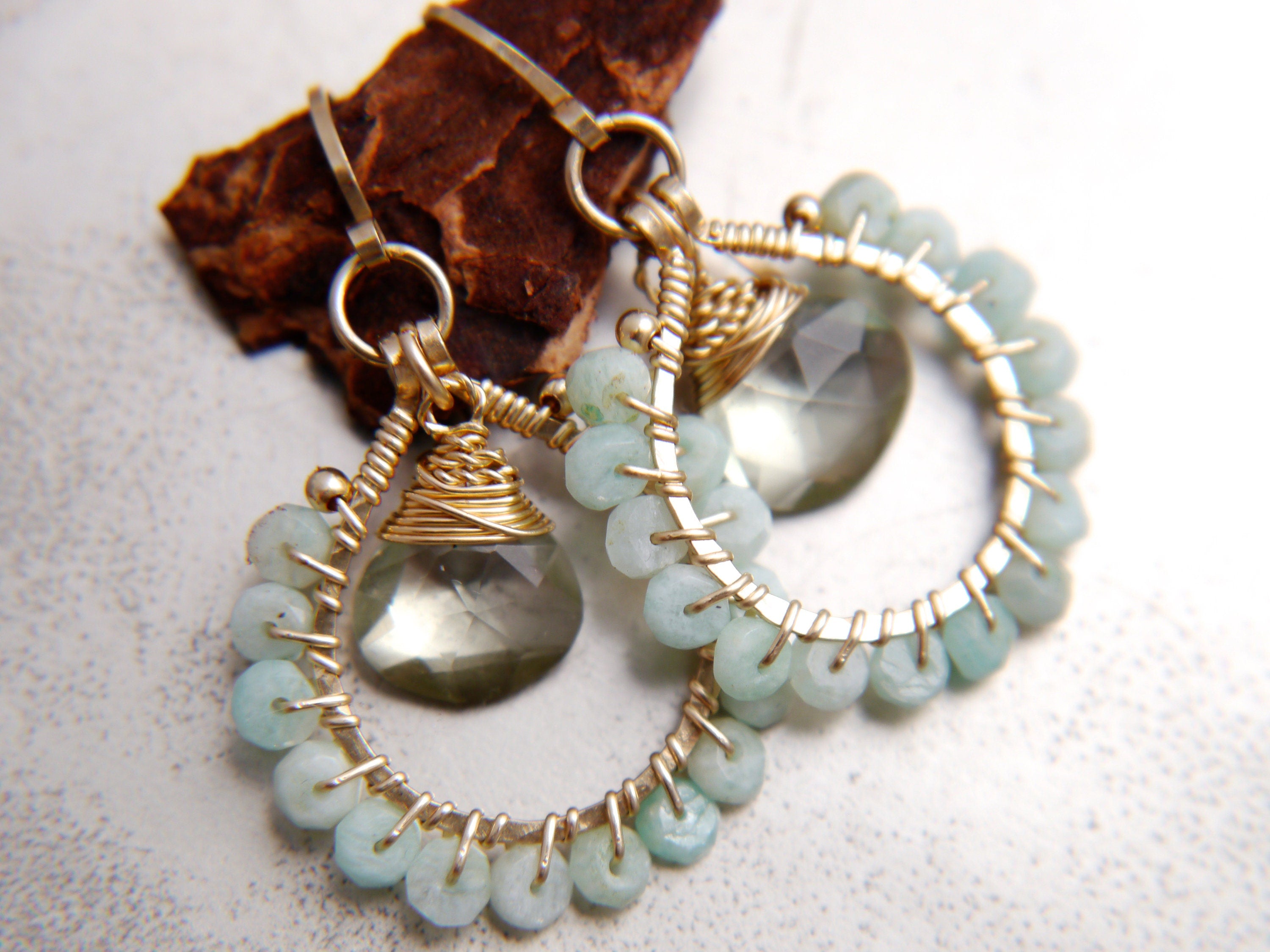 Amazonite Green Amethyst Hoop Earrings, 14K Gold Filled Gemstone Hoops, February Birthstone