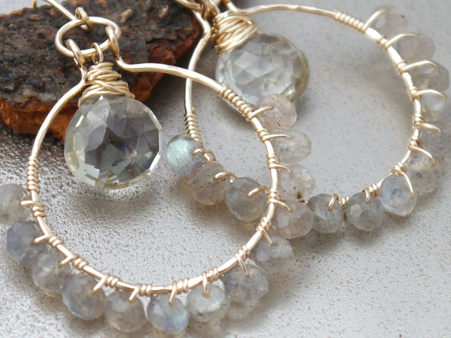 Labradorite Green Amethyst Hoop Gemstone Earrings, 14K Gold Filled Bohemian Style