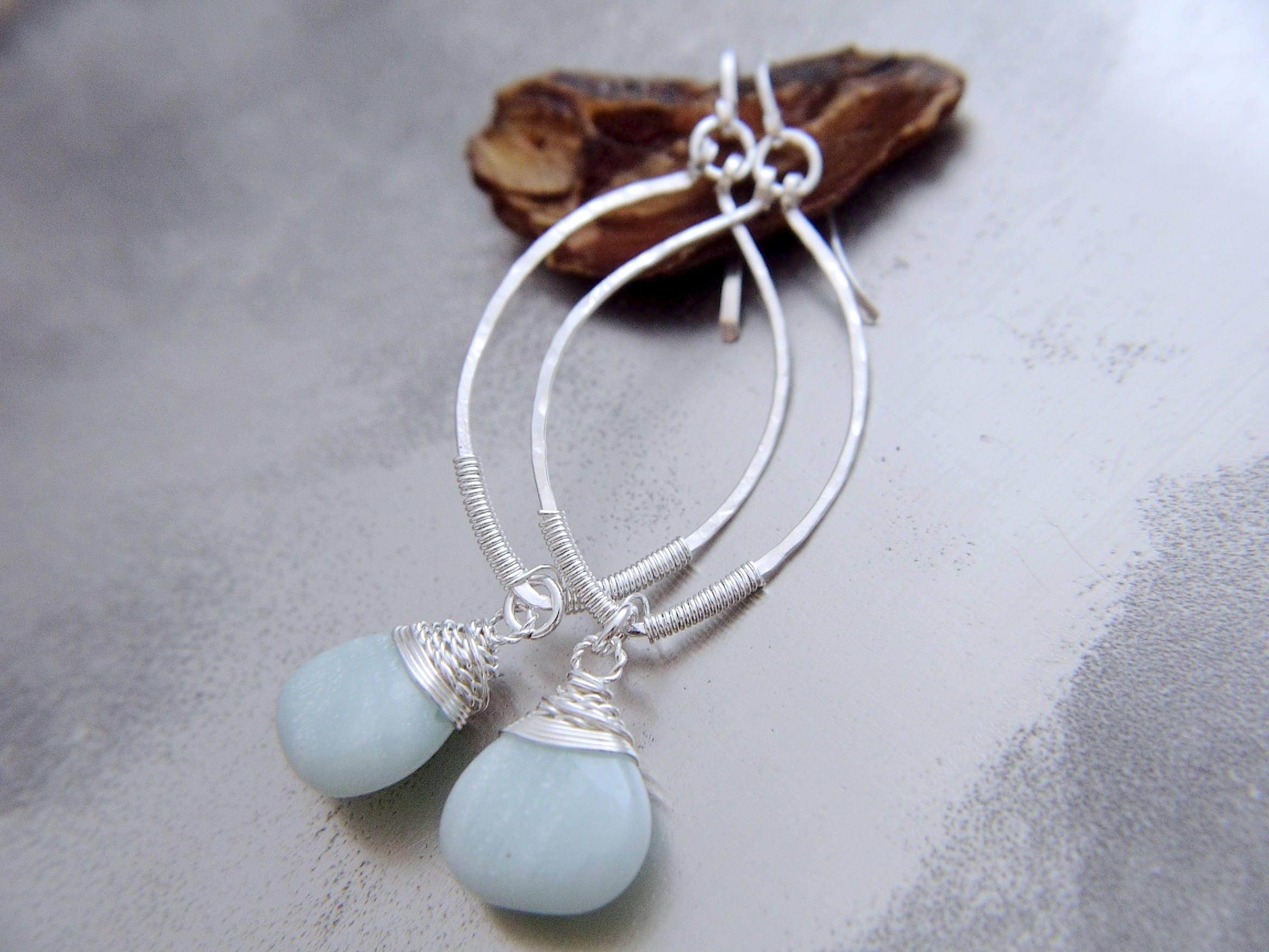 Amazonite Leaf Hoop Gemstone Earrings, Sterling Silver, Nature Inspired