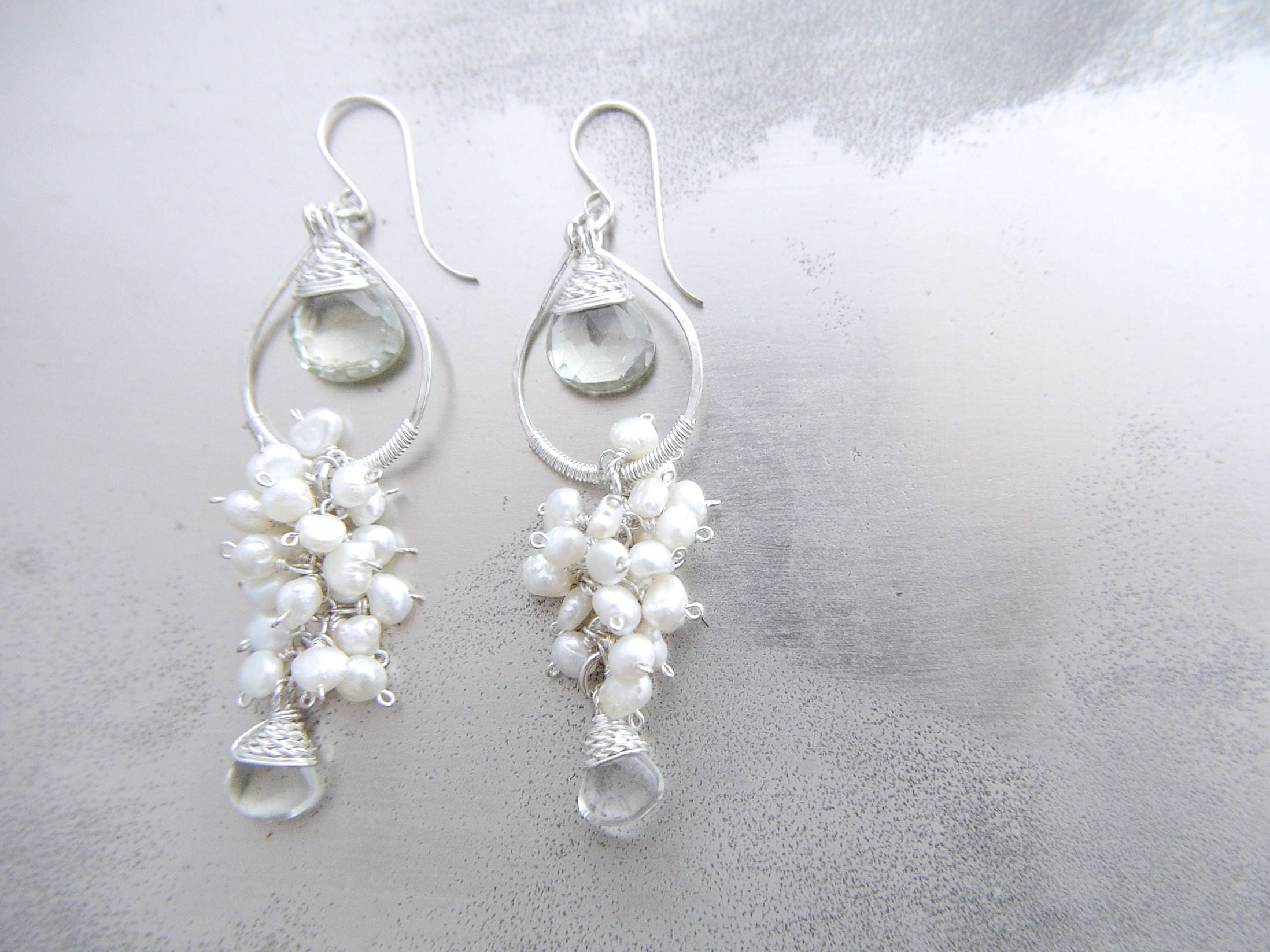 Pearl Quartz Chandelier Gemstone Earrings, Sterling Silver, Nature Inspired Wedding