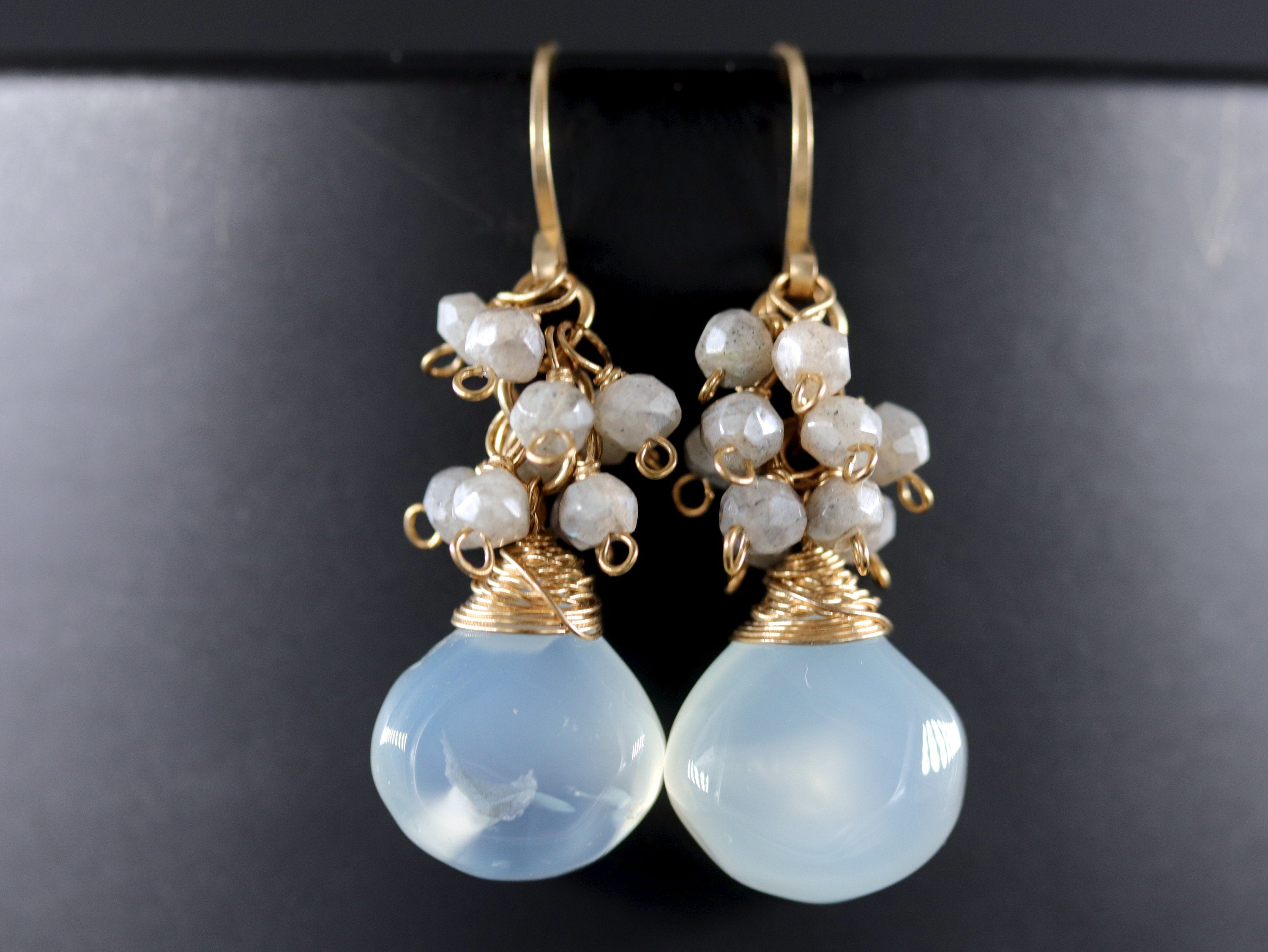 Aqua Chalcedony Briolette Labradorite Cluster Gemstone Earrings, 14K Gold Filled