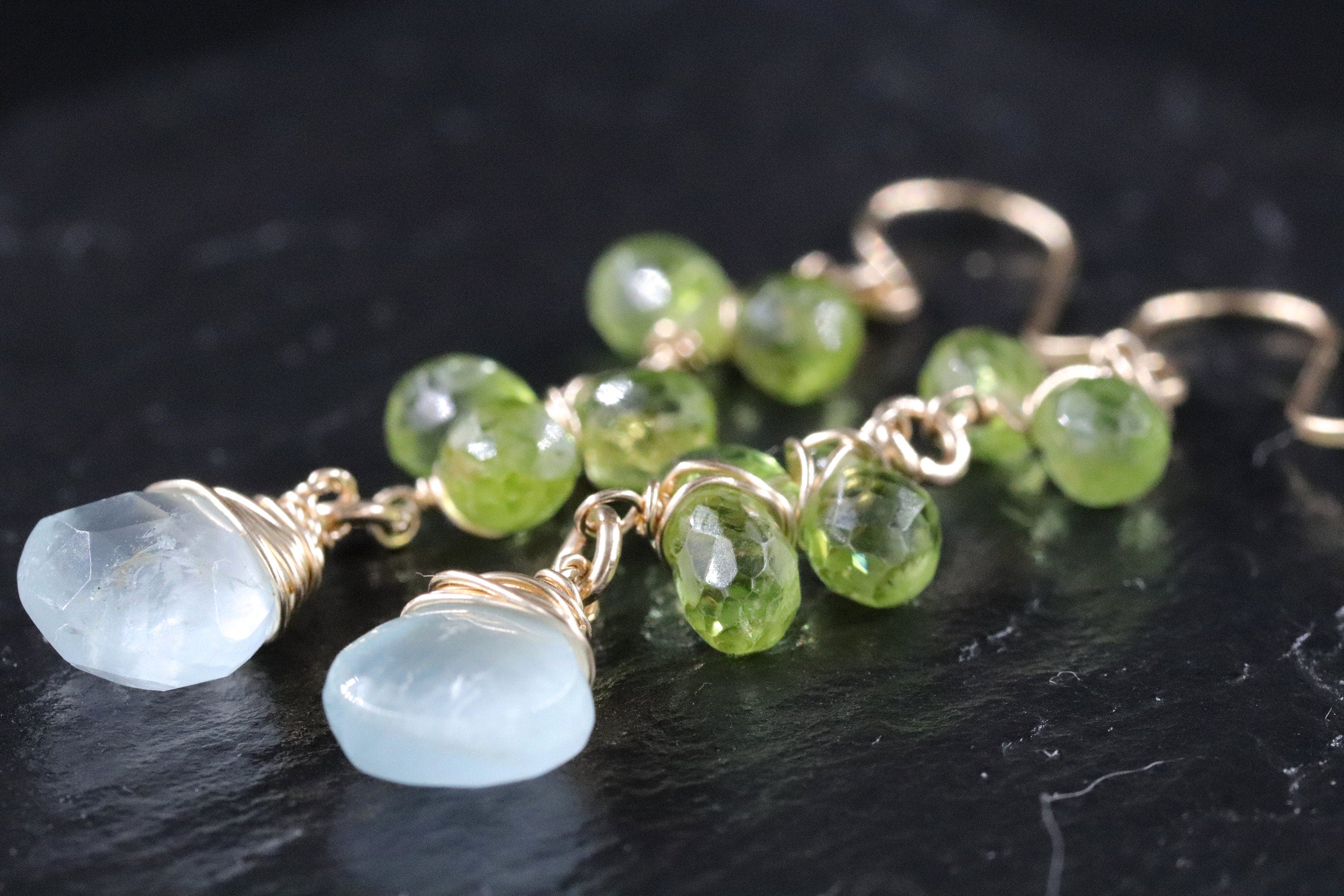 Aquamarine Peridot Dangle Vine Gemstone Earrings, 14K Gold Filled Floral Design
