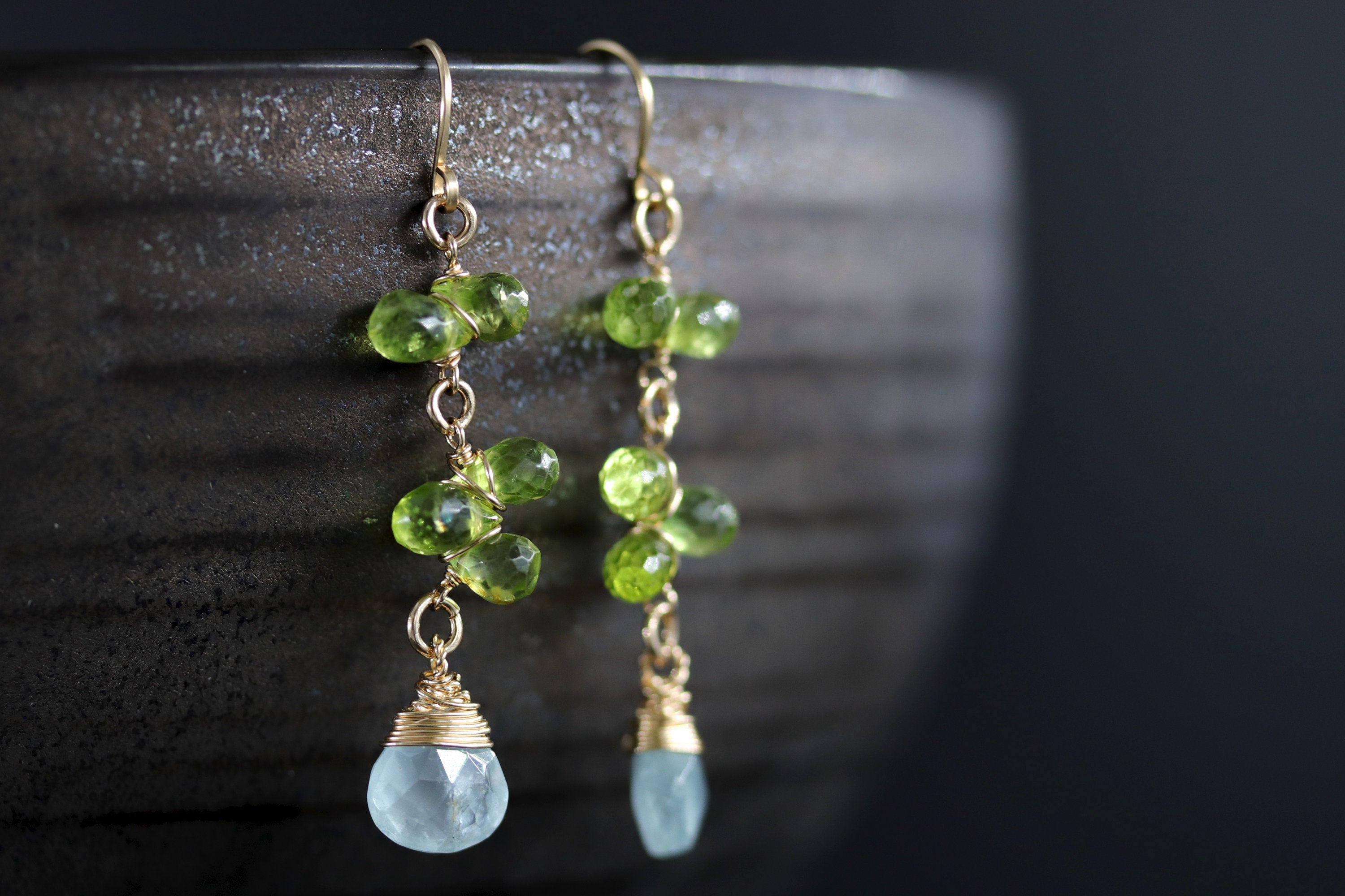 Aquamarine Peridot Dangle Vine Gemstone Earrings, 14K Gold Filled Floral Design