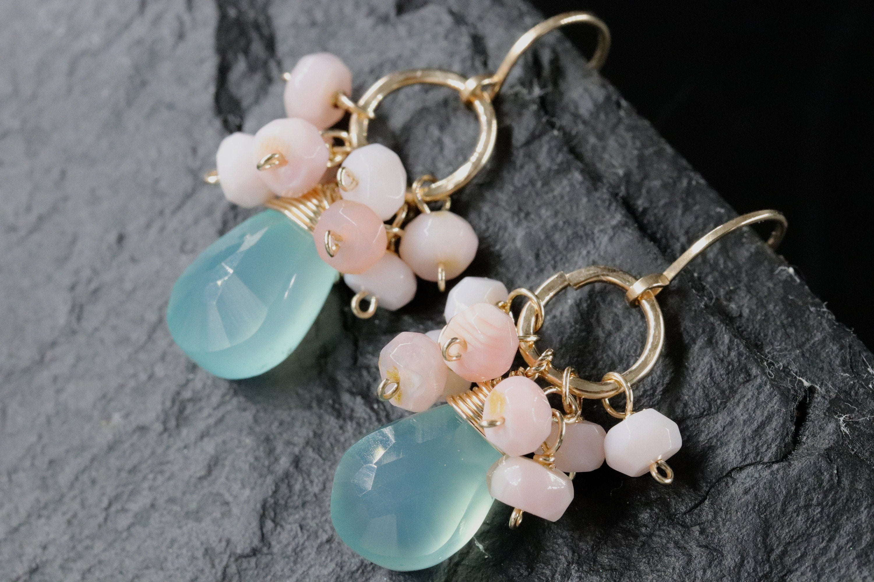Aqua Chalcedony Briolette Pink Opal Cluster Gemstone Earrings, 14K Gold Filled Botanical Style