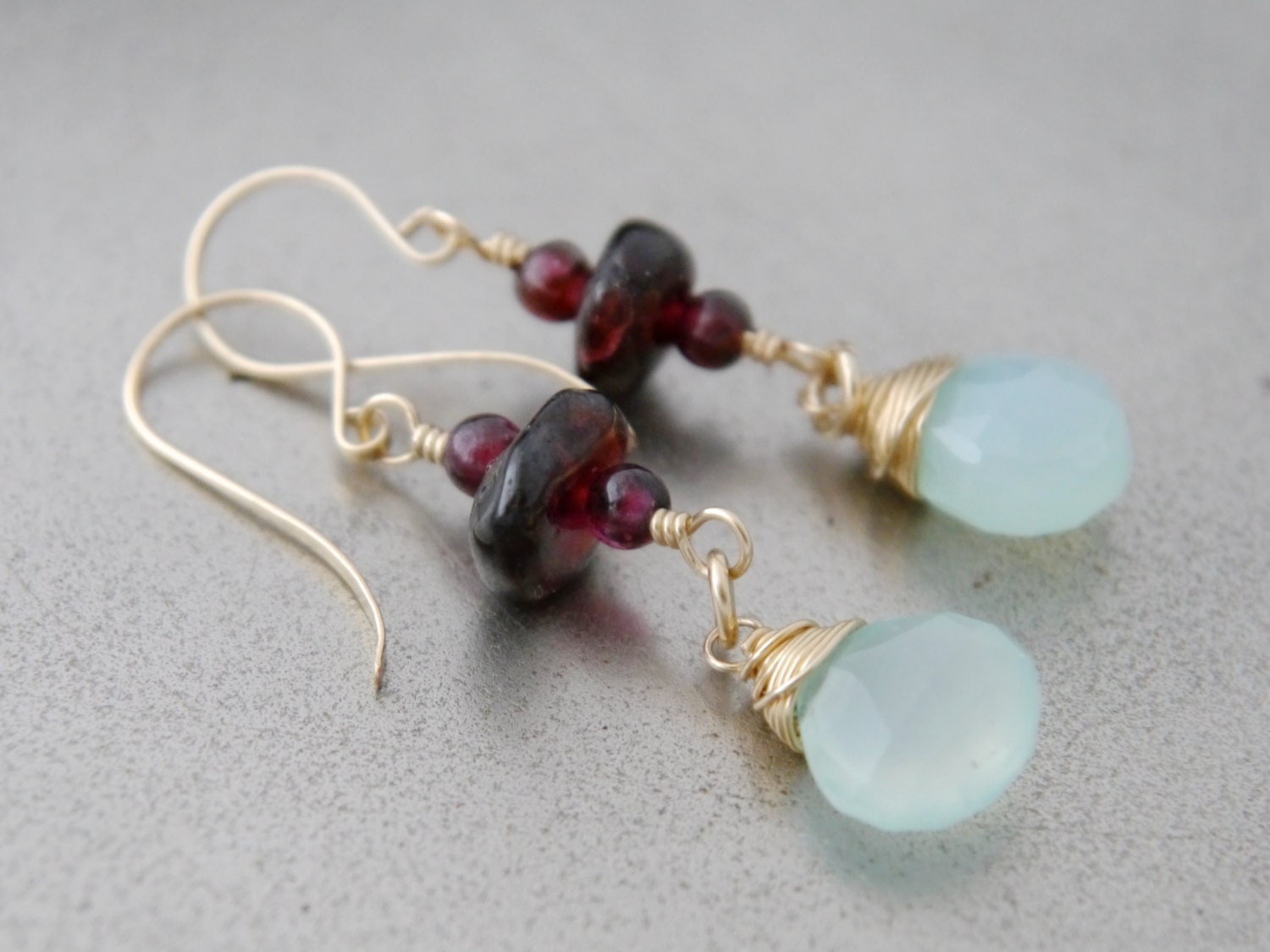 Aqua Chalcedony Heart Briolette Garnet, Gemstone Earrings, 14K Gold Filled Bohemian Jewelry