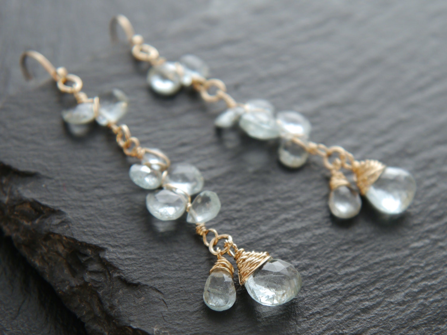 Aquamarine Long Dangle  Floral  Gemstone Earrings, 14K Gold Filled Garden Wedding
