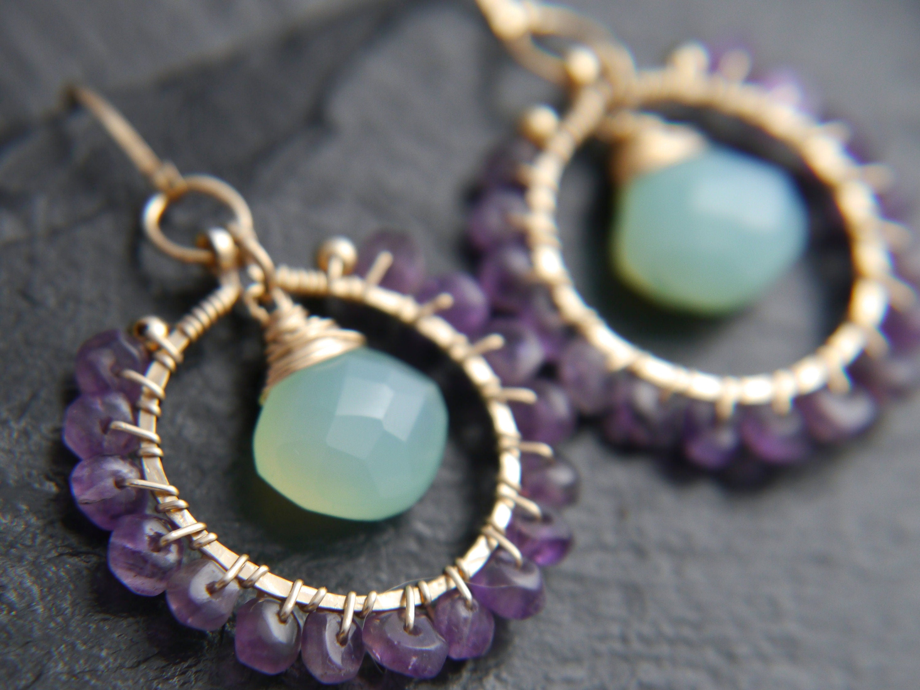 Amethyst Aqua Chalcedony Hoop Earrings, 14K Gold Filled Gemstone Hoops, Boho Jewelry