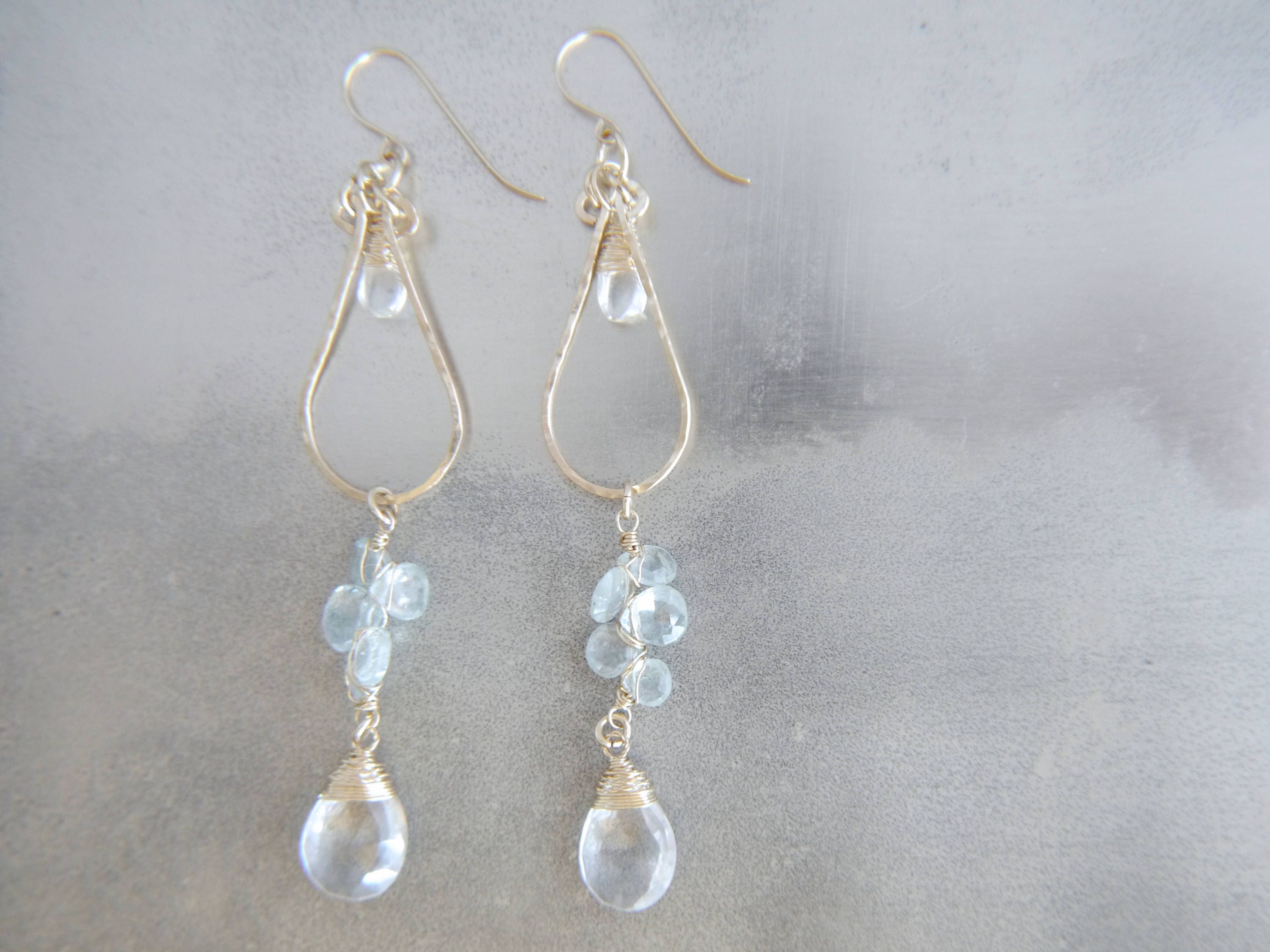 Aquamarine Chandelier Floral Long Dangle Gemstone Earrings, 14K Gold Filled Bridal