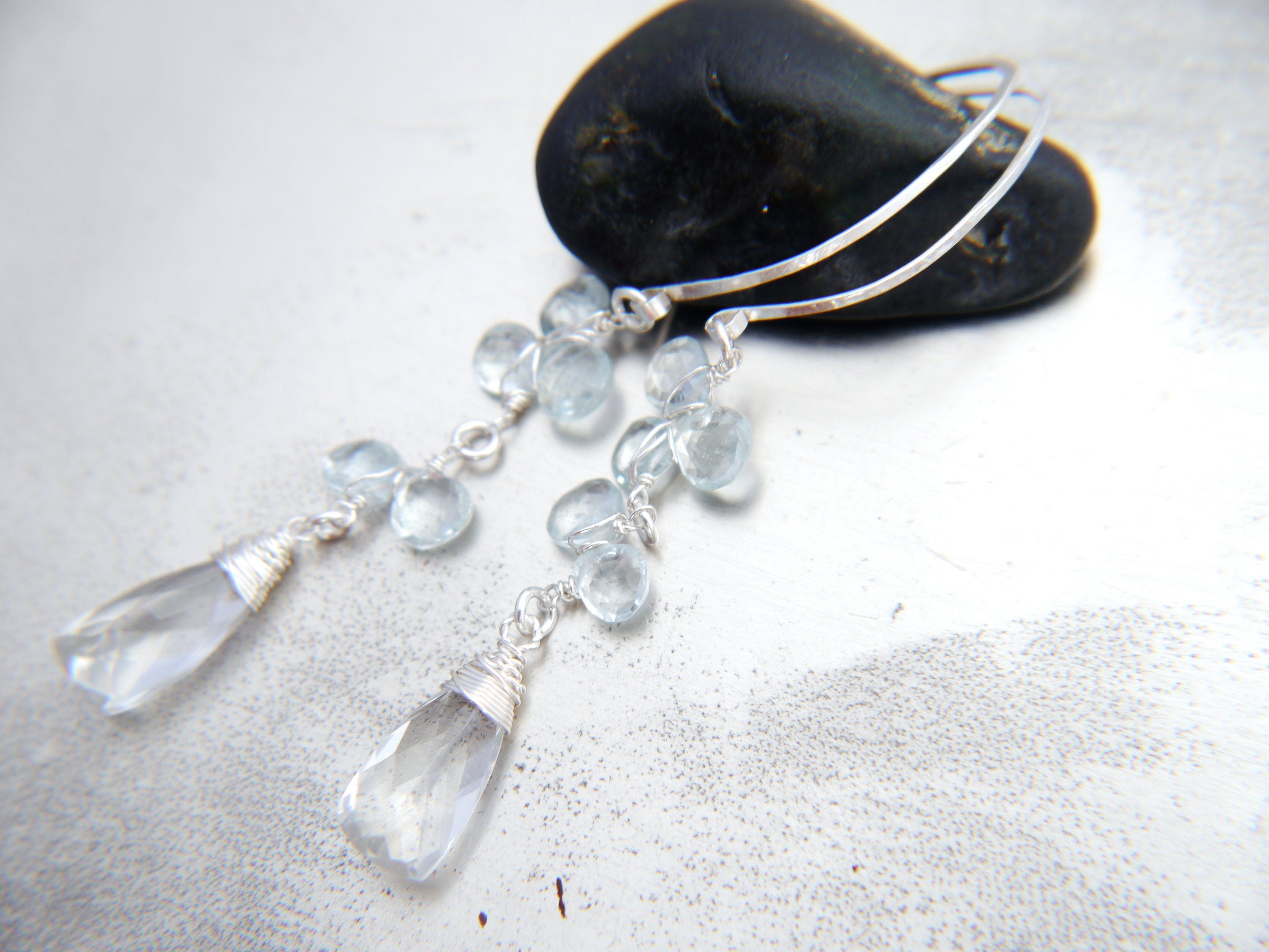 Aquamarine Quartz Trillion Hoop Gemstone Earrings, Sterling Silver, Garden Wedding