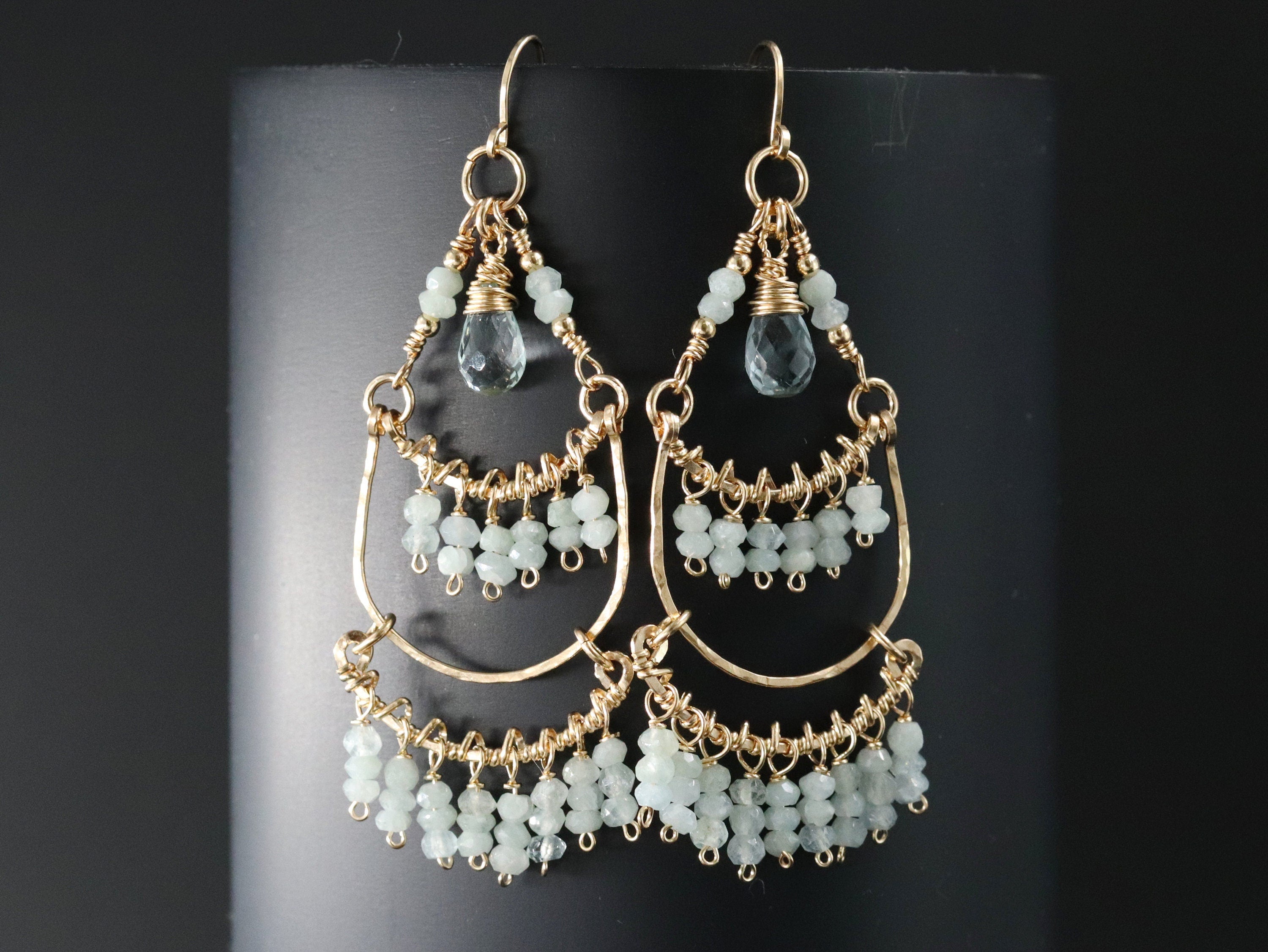 Aquamarine Boho Chandelier Earrings, 14K Gold Filled Fringe Dangle, Wedding Jewelry