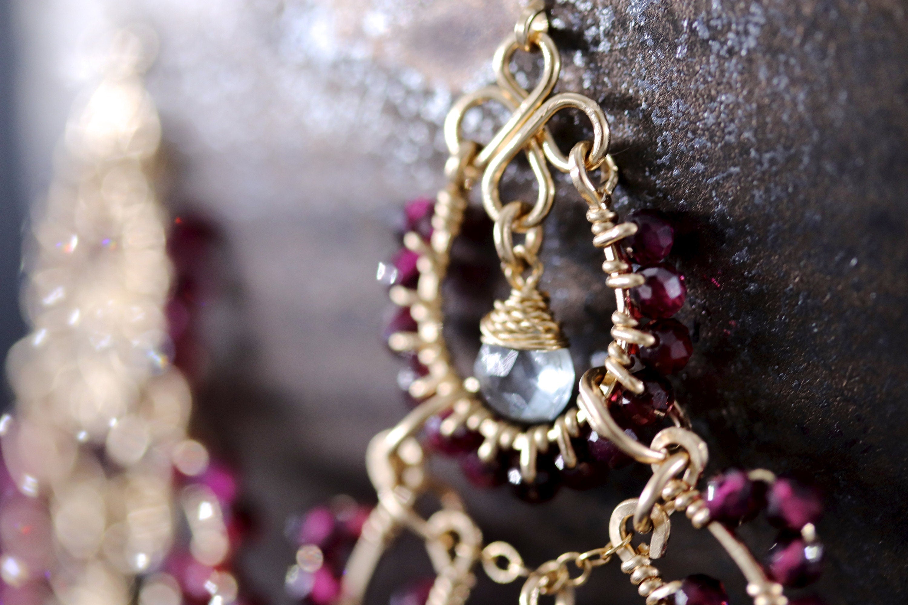 Garnet Aquamarine Fringe Chandelier Earrings, 14K Gold Filled Long Dangle, Heirloom Statement