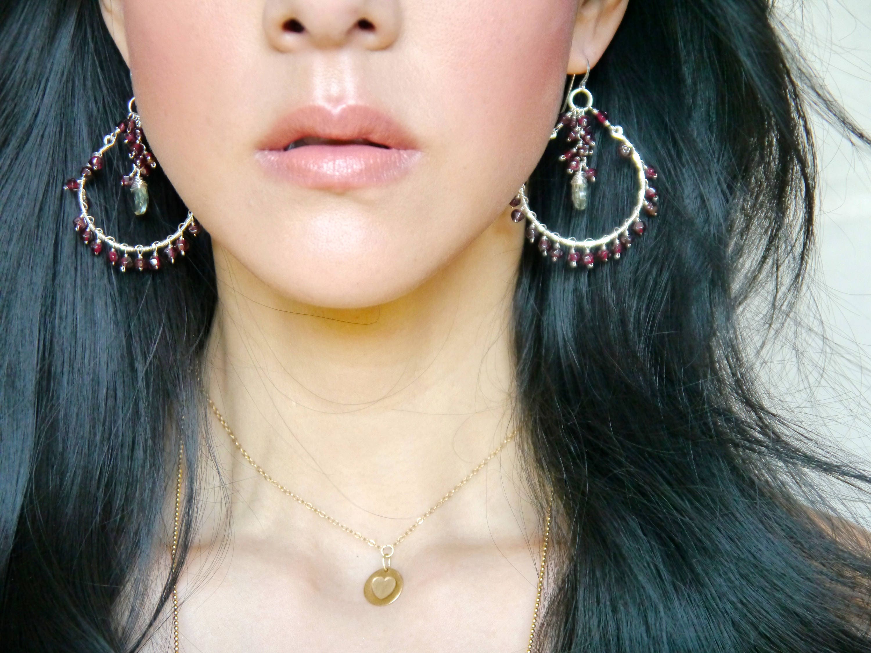 Garnet Chandelier Fringe Hoop Gemstone Earrings, Sterling Silver, Bohemian Style