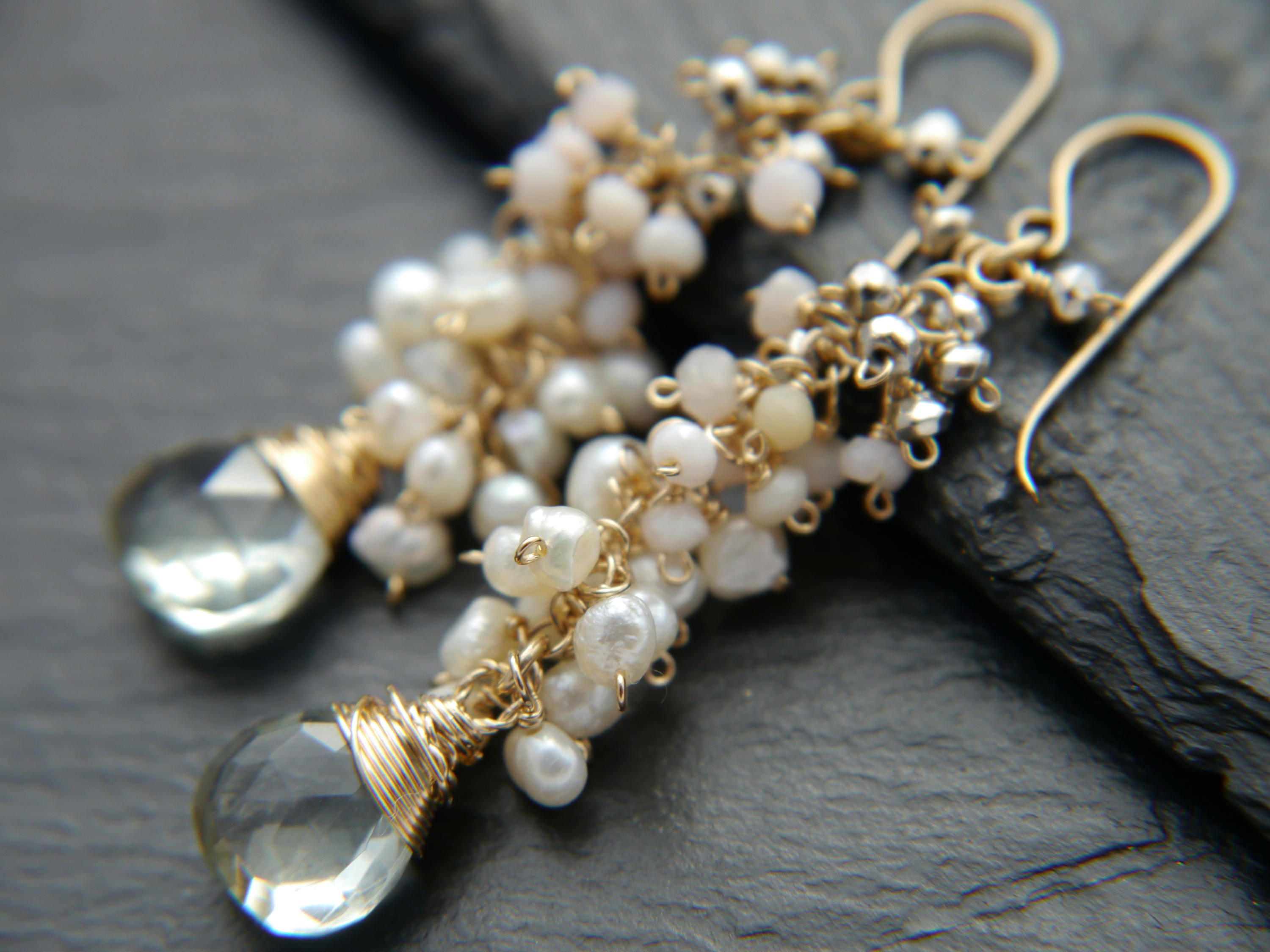Green Amethyst Pearl Teardrop Cluster Floral Gemstone Earrings, 14K Gold Filled