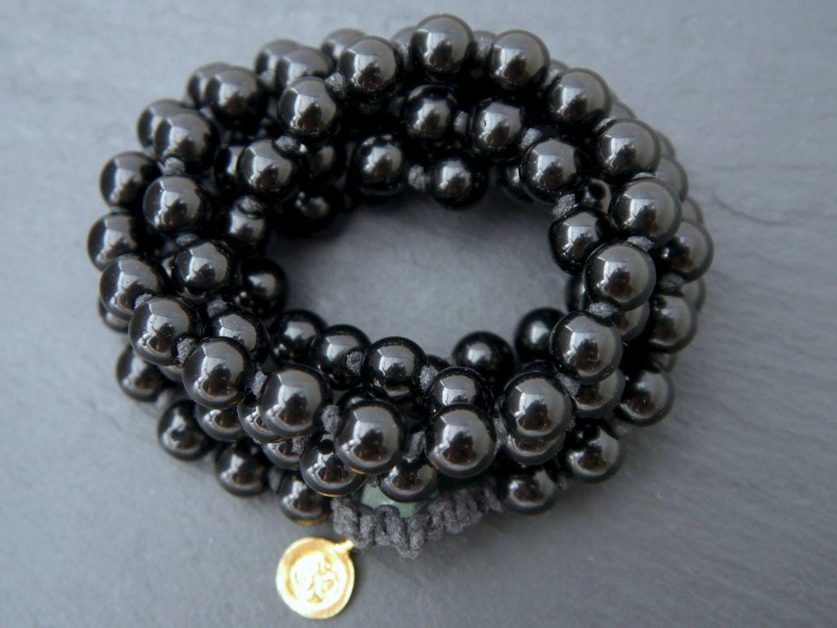 Black Obsidian M108 Mala Bead , Wrap, Hand Knotted Tibetan Prayer Beads
