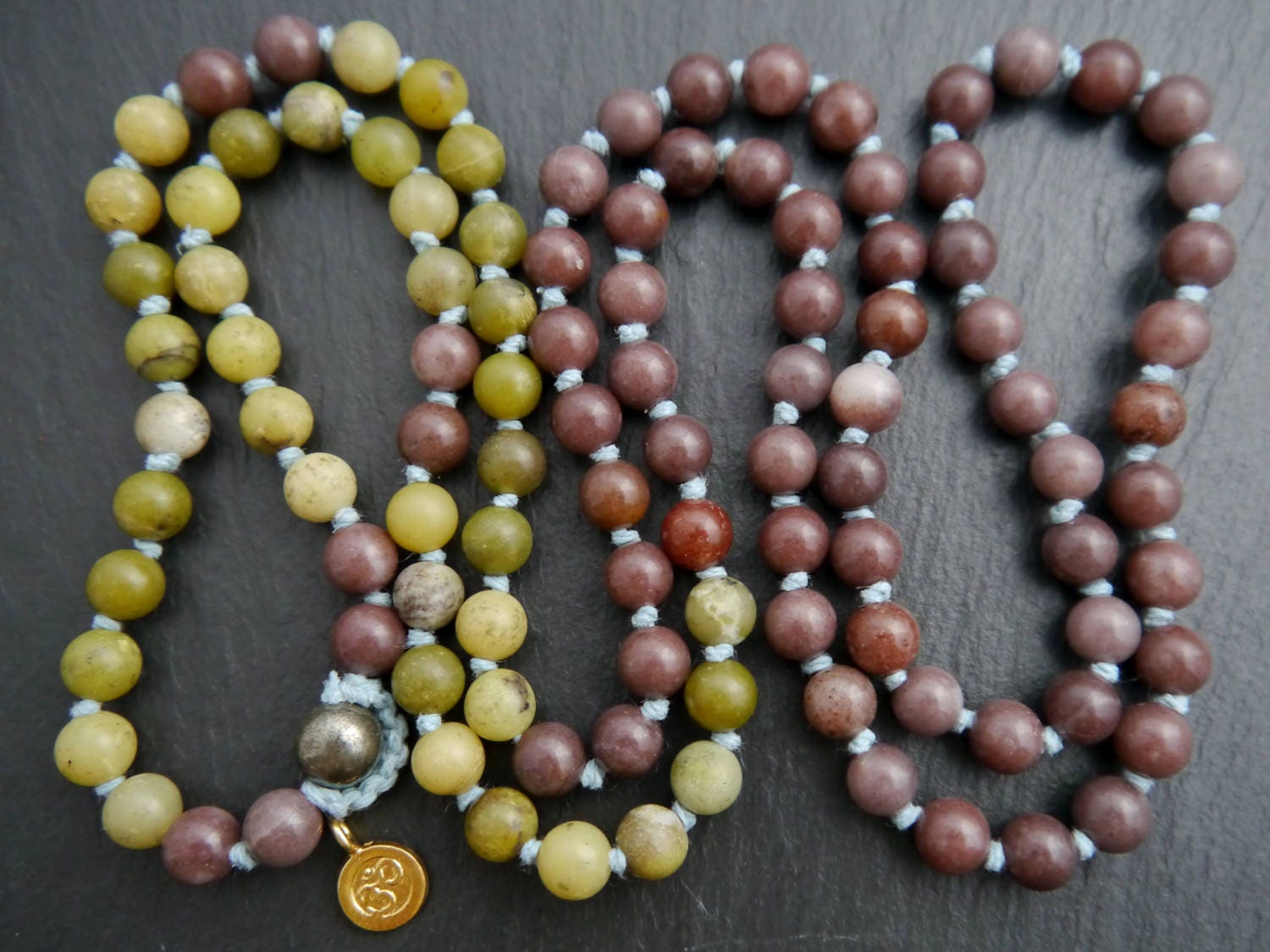 Olive Serpentine Purple Aventurine 108 Mala Beads, Hand-Knotted