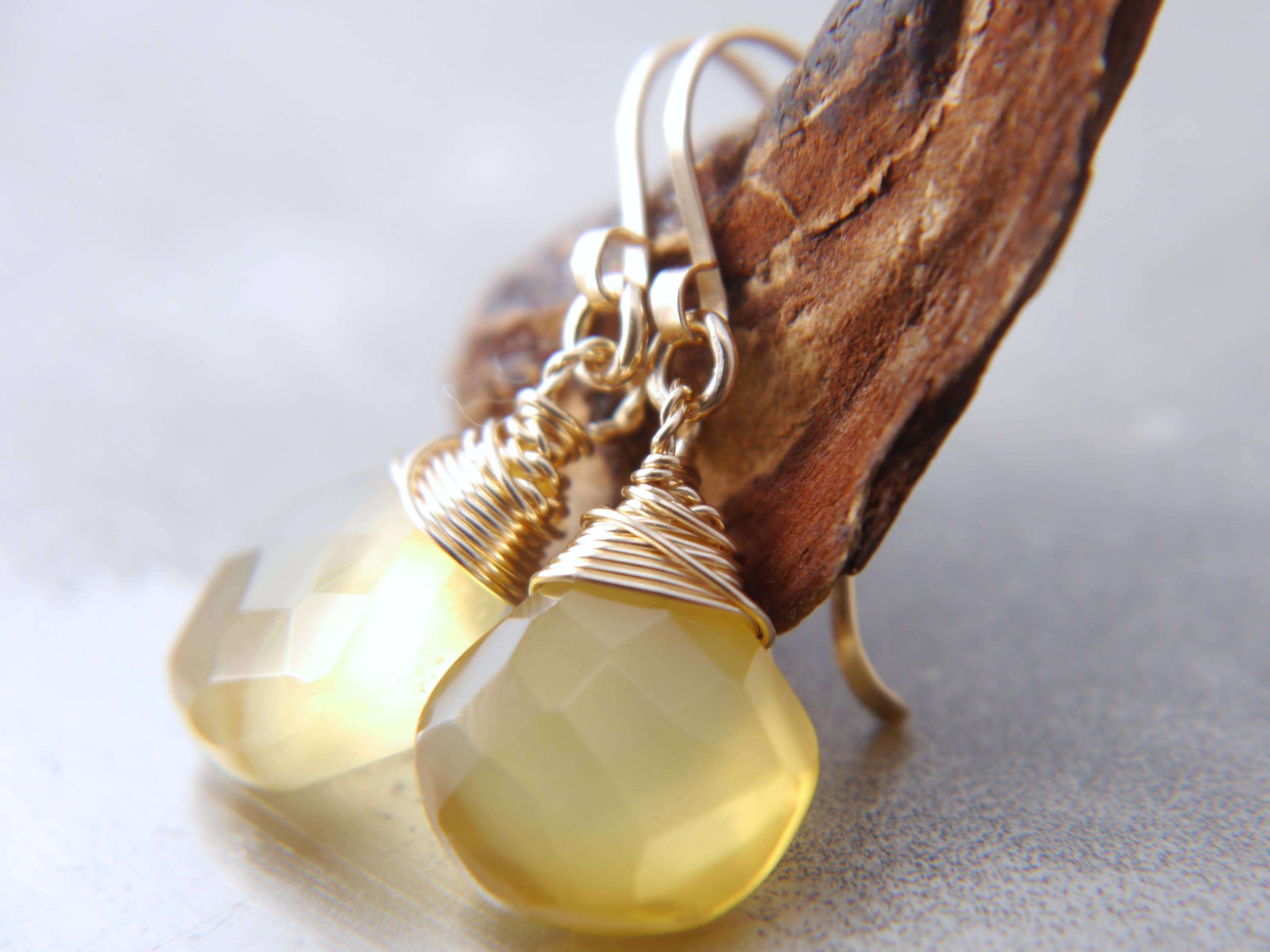 Yellow Chalcedony Heart Briolette Drop Gemstone Earrings, 14K Gold Filled Minimalist
