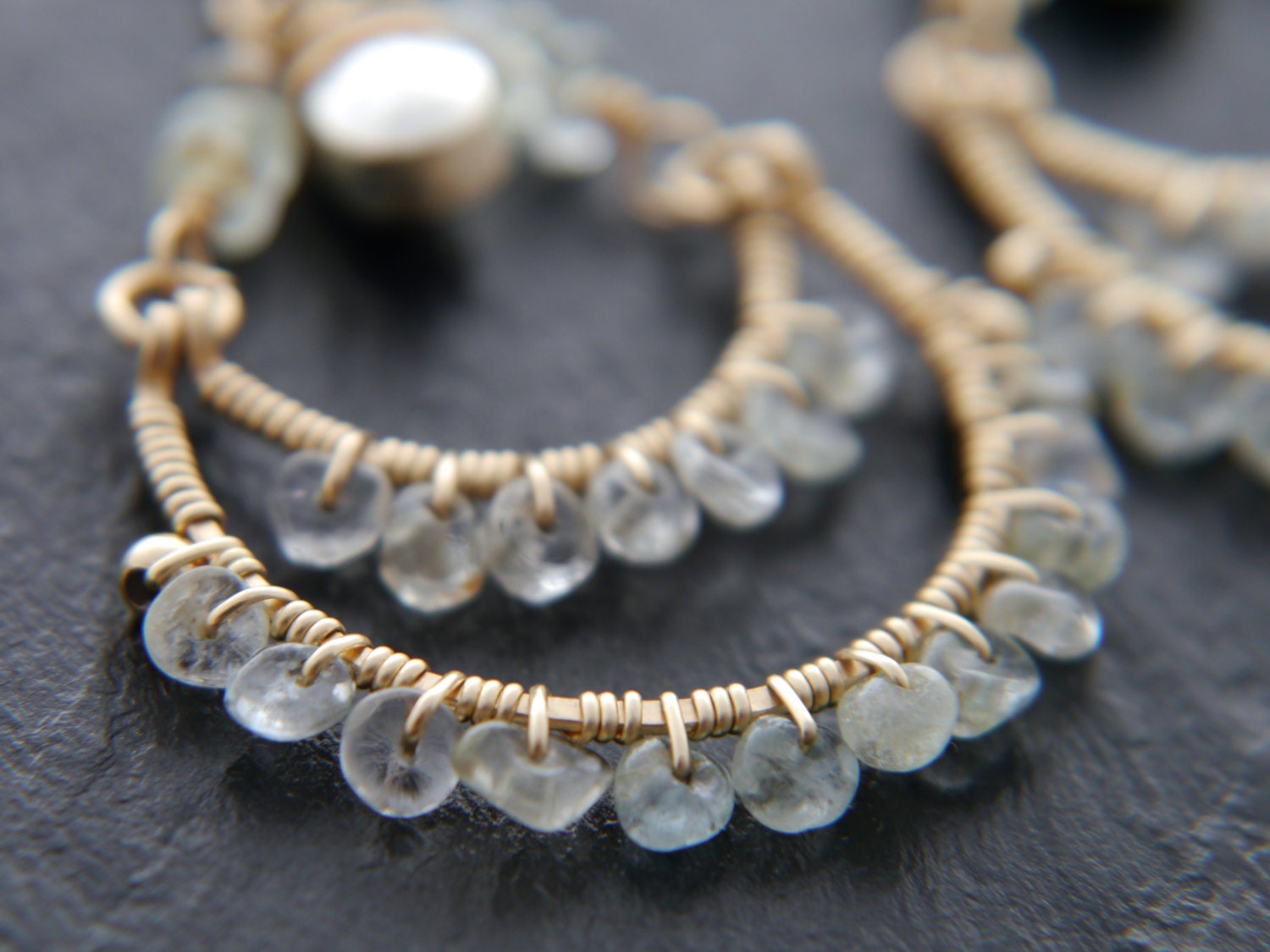 Aquamarine Pyrite Tiered Chandelier Gemstone Earrings, 14K Gold Filled Bohemian Style