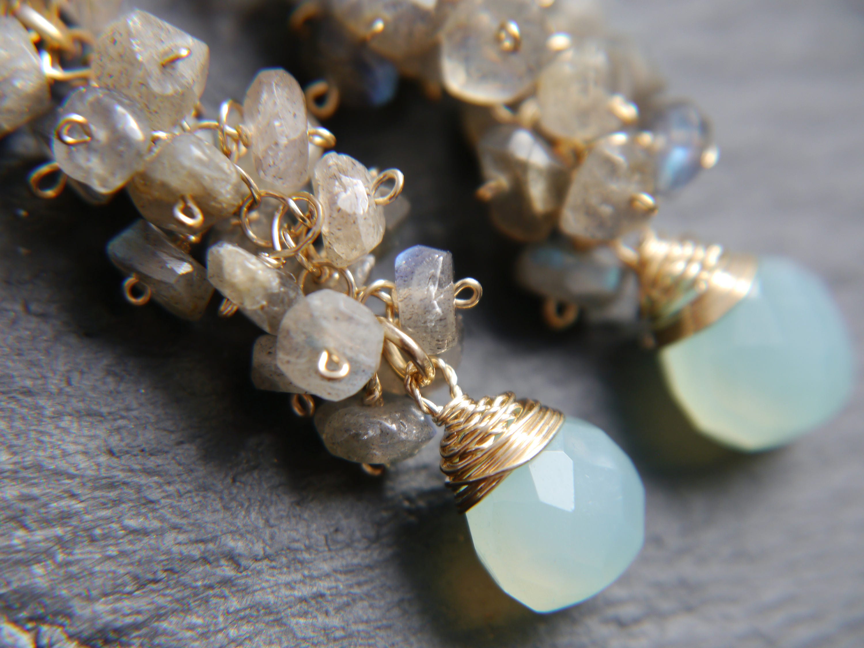 Aqua Chalcedony Briolette Labradorite Cluster Gemstone Earrings, 14K Gold Filled Romantic Style