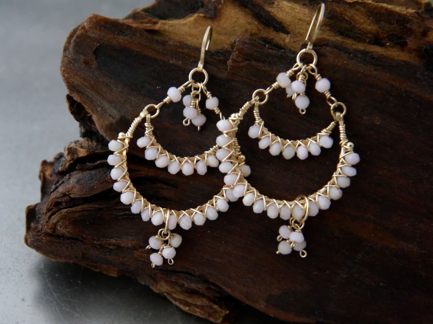 Pink Opal Romantic Chandelier Hoop Gemstone Earrings, 14K Gold Filled Ethereal Bride