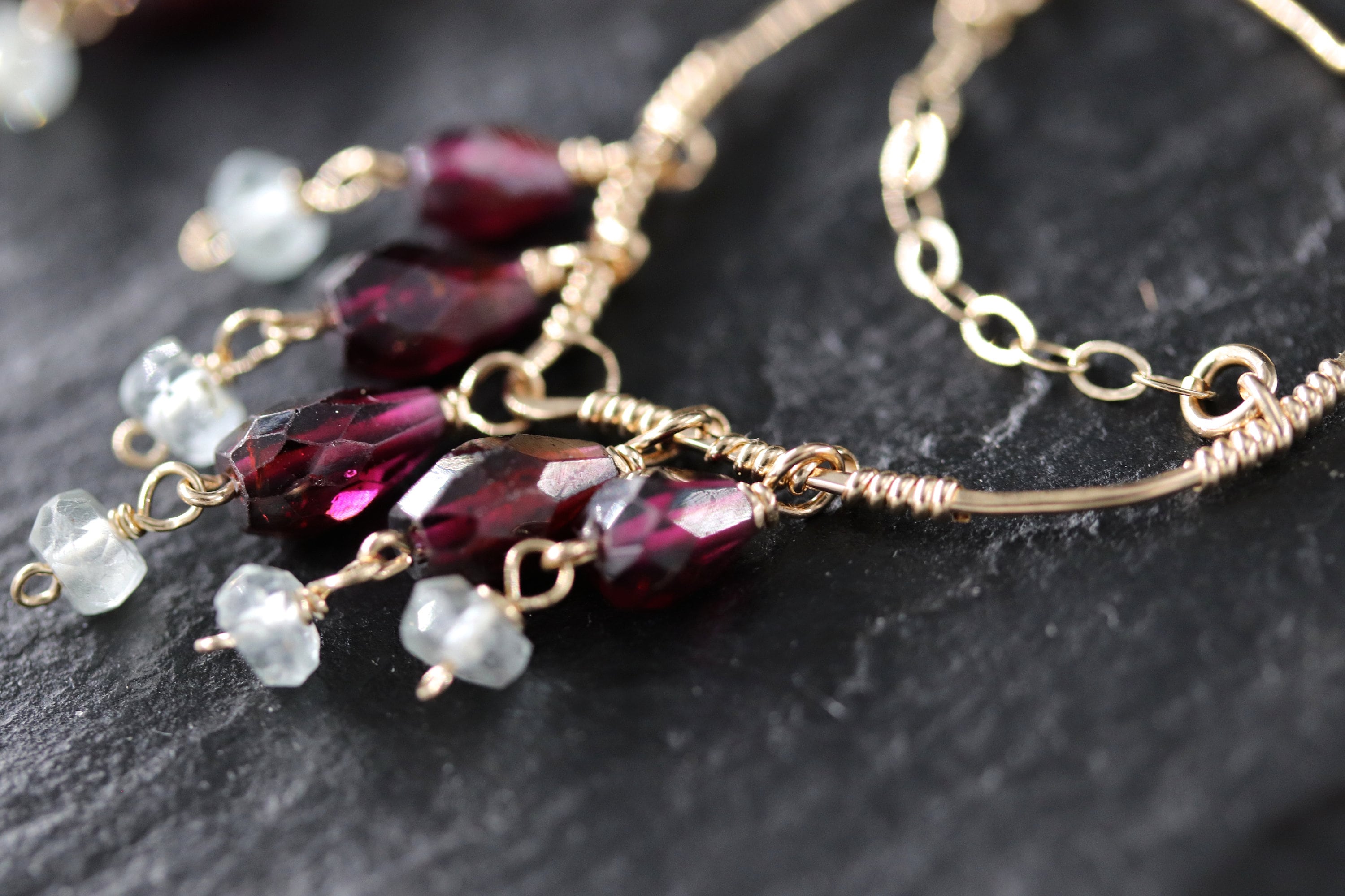 Garnet Aquamarine Fringe Earrings, 14K Gold Filled Long Dangle, Boho Statement