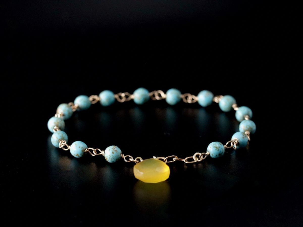 Turquoise Magnesite Yellow Chalcedony Gemstone Bracelet, 14K Gold Filled Rosary Chain, Minimalist Jewelry