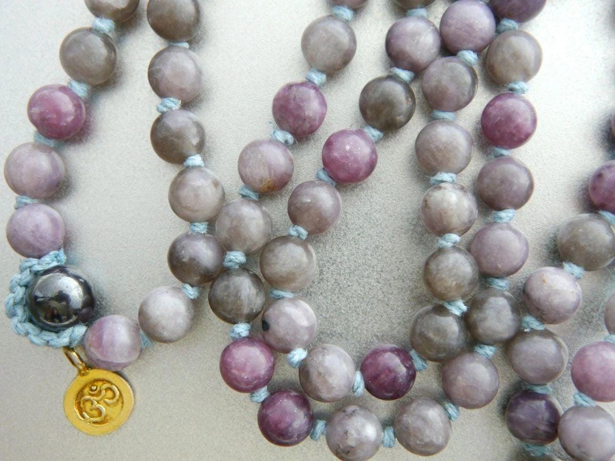 Lilac Purple Stone Mala Beads, 108 Gemstone Beads, Wrap, Hand Knotted