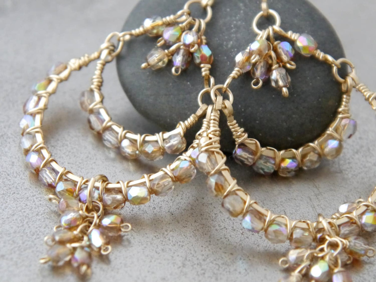 Bridal Chandelier Gold Earrings, 14K Gold Filled Dangle Earrings, Long Earrings, Champagne Czech Glass, Garden Wedding Earrings