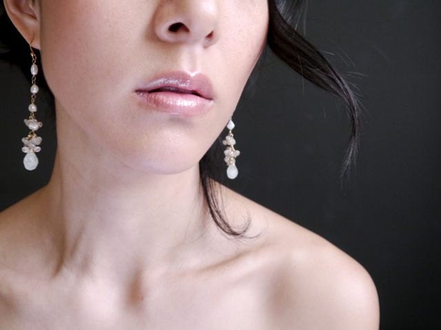 Aquamarine Pearl Long Dangle Vine Gemstone Earrings, 14K Gold Filled Bridal Jewelry