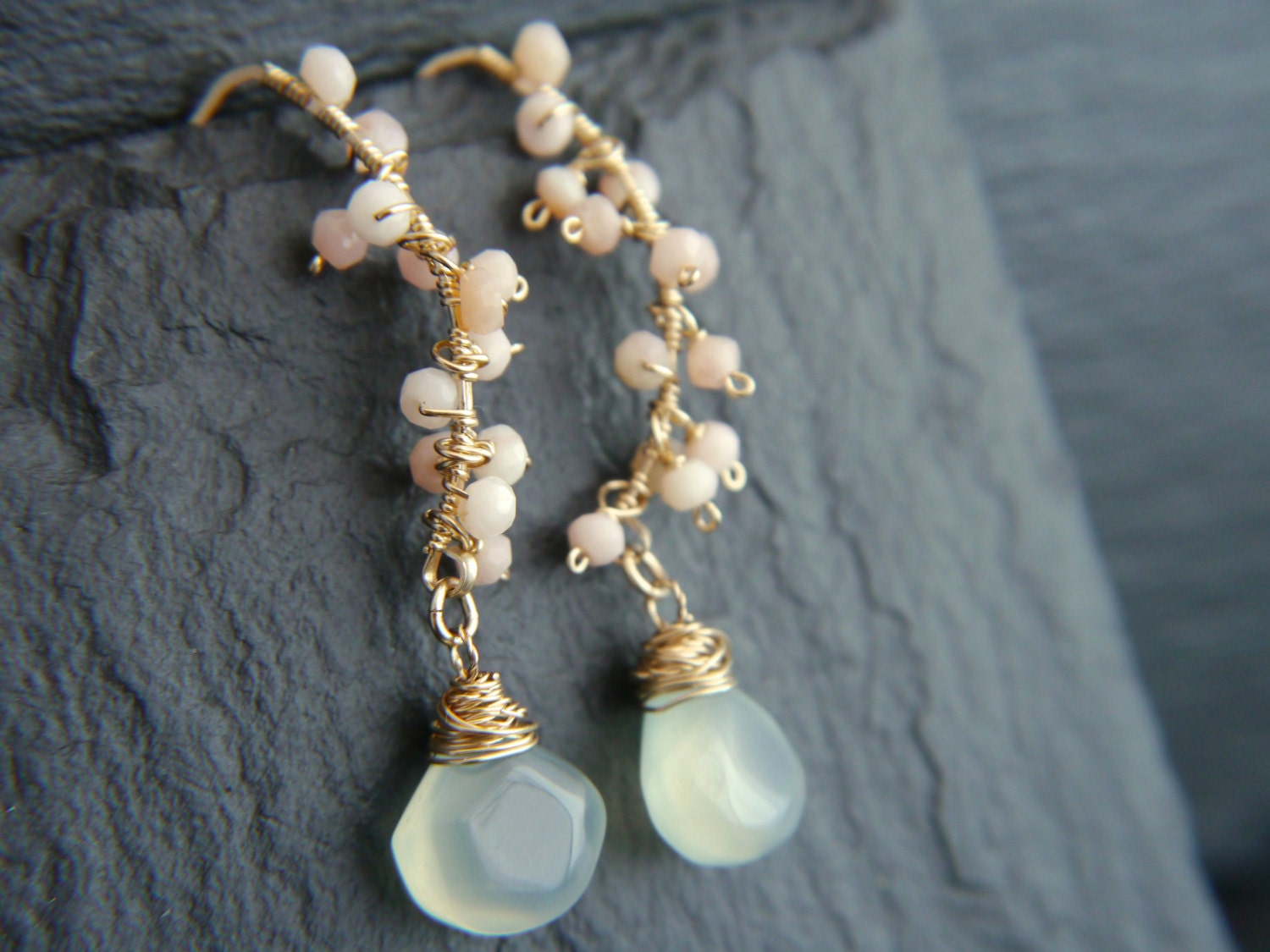 Aqua Chalcedony Briolette Labradorite Cluster Gemstone Earrings, 14K Gold Filled Romantic Style