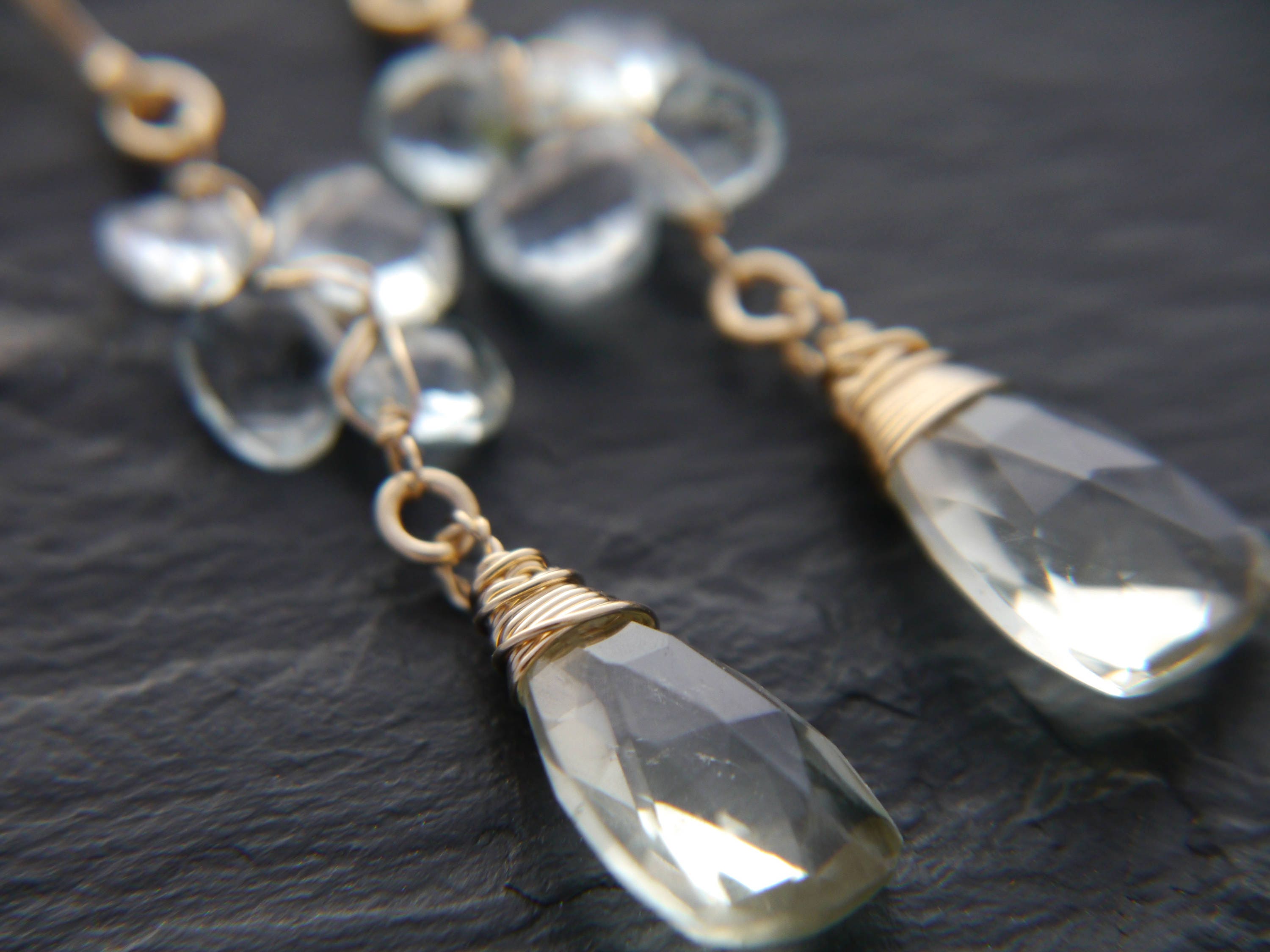 Aquamarine Green Amethyst Long Dangle Trillion Gemstone Earrings, 14K Gold Filled Bridal