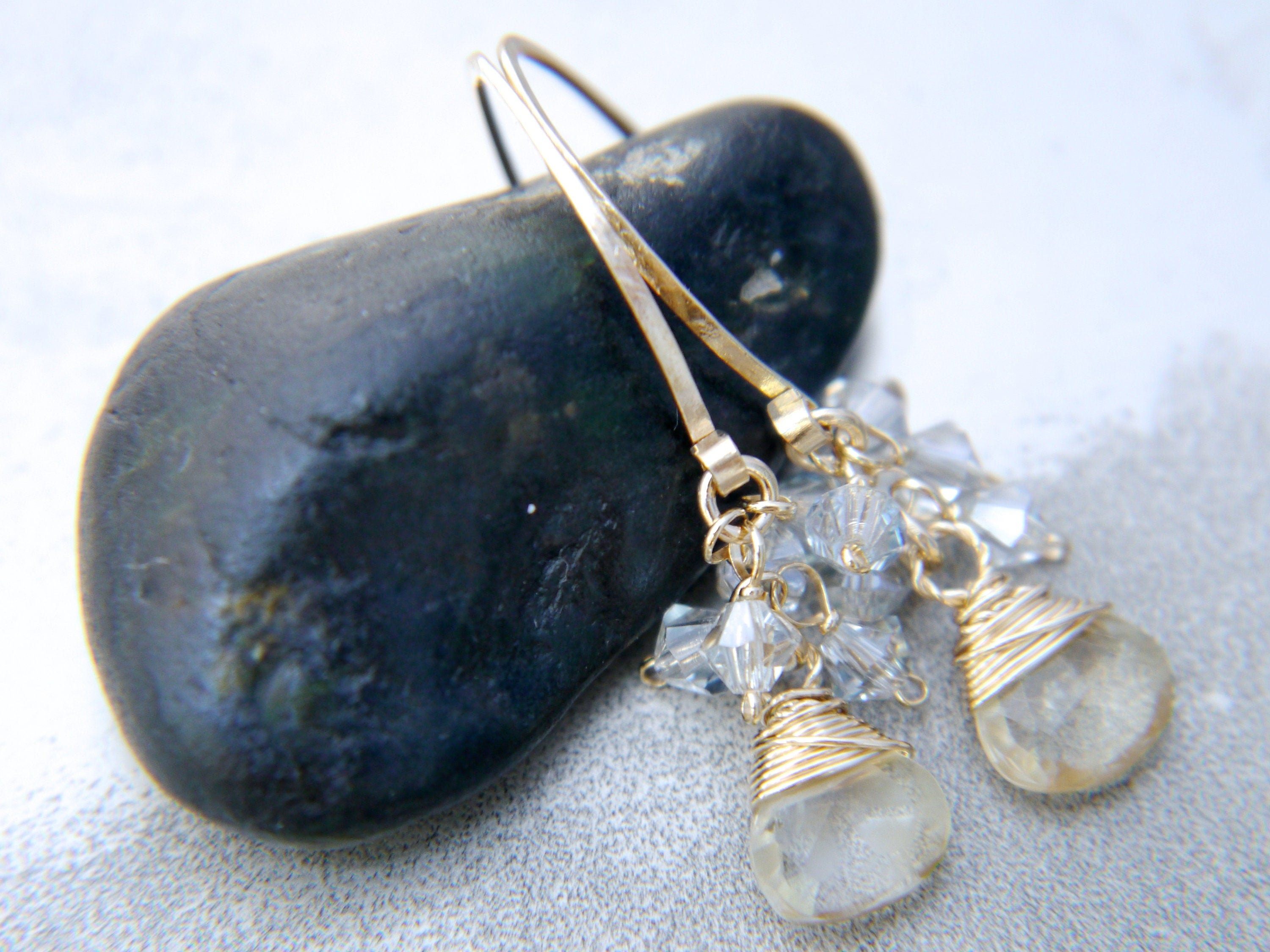 Citrine Teardrop Hoop Cluster Gemstone Earrings, 14K Gold Filled November Birthstone