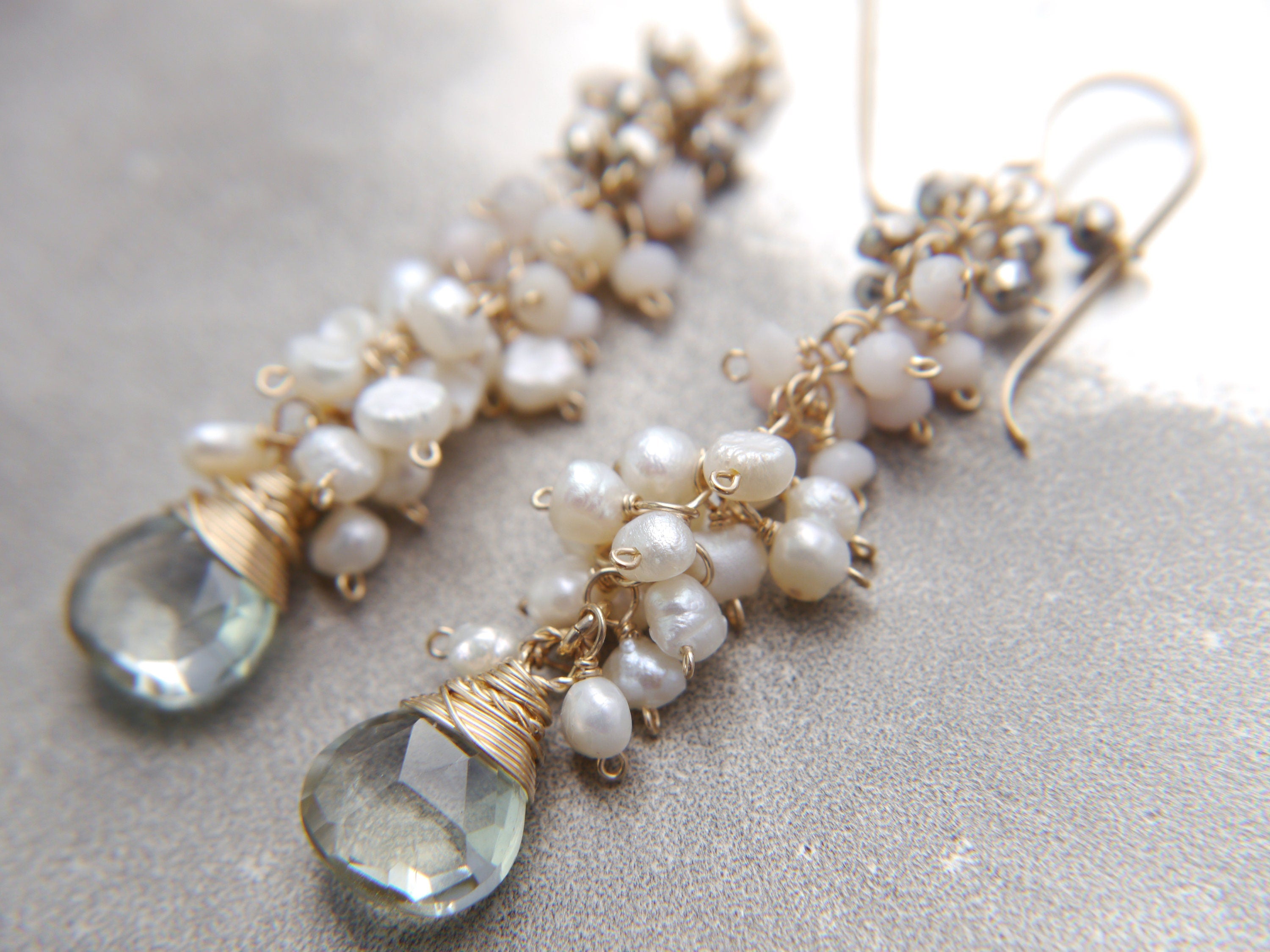 Green Amethyst Pearl Teardrop Cluster Floral Gemstone Earrings, 14K Gold Filled