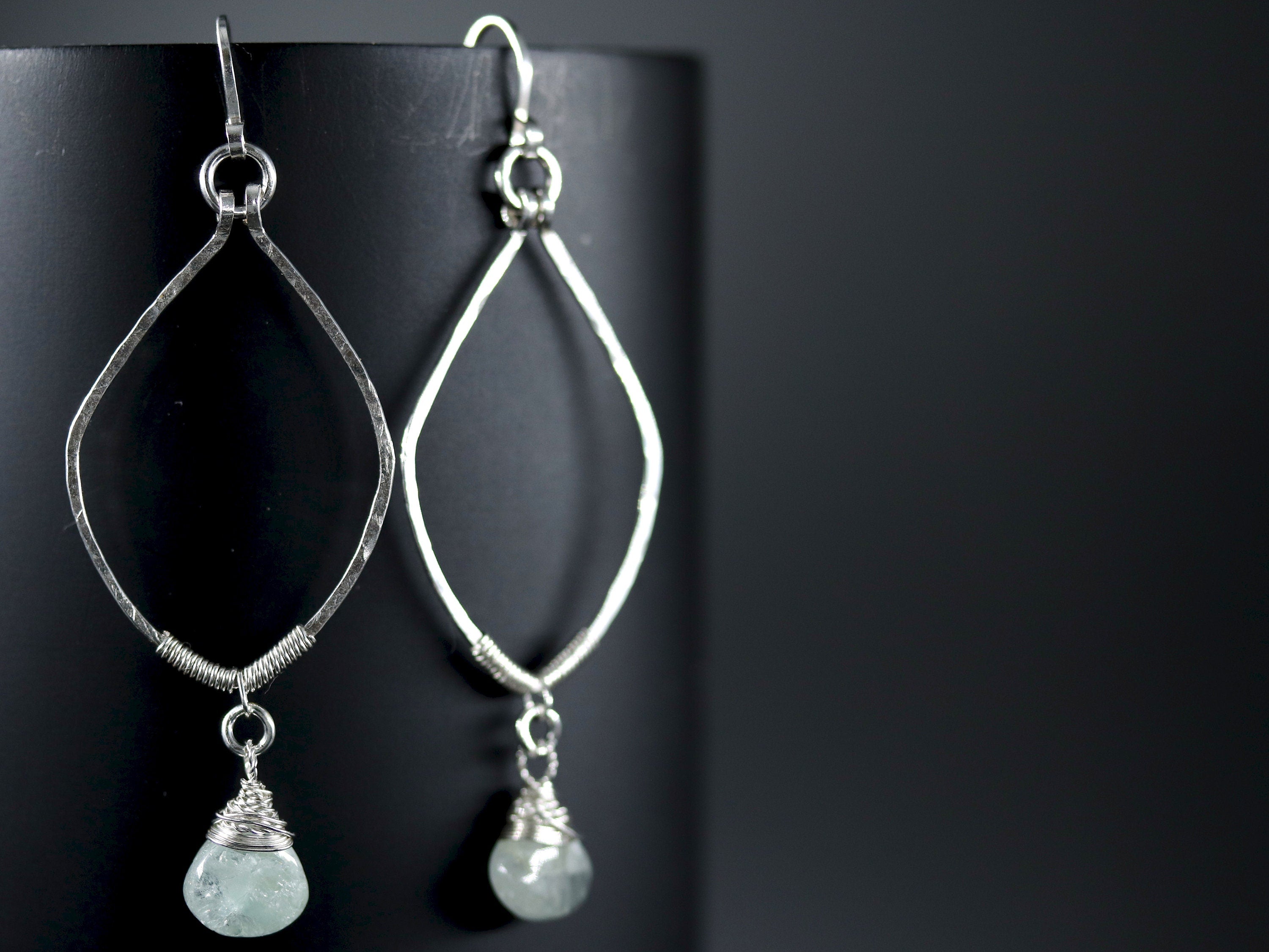 Aquamarine Leaf Dangle Gemstone Earrings, Sterling Silver, Nature Inspired