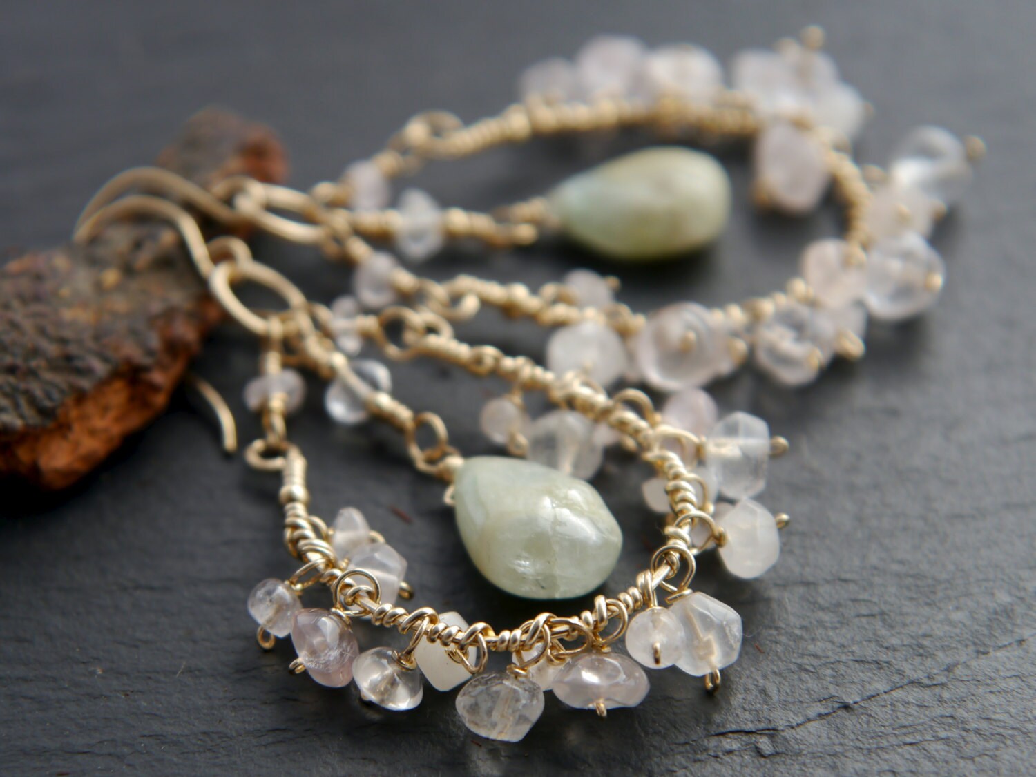 Aquamarine Rose Quartz Floral Chandelier Gemstone Earrings, 14K Gold Filled Wedding