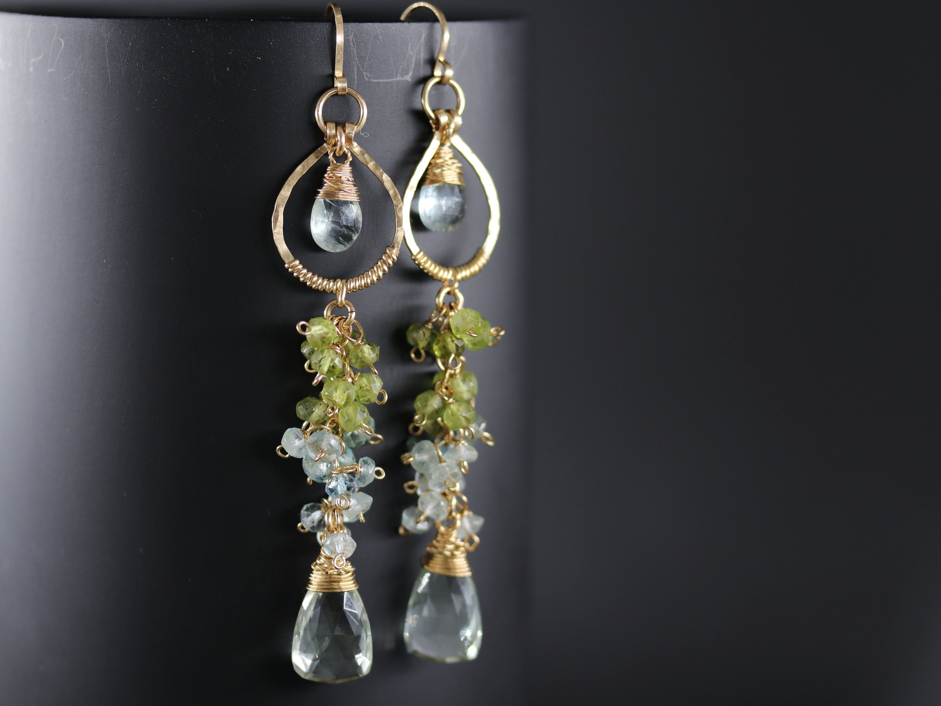 Peridot Aquamarine Cluster Chandelier Earrings, 14K Gold Filled Long Floral Dangle, Bohemian Jewelry