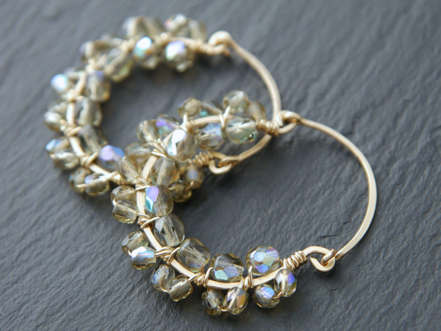 Gray Czech Glass Woven Lace Hoop Gemstone Earrings, 14K Gold Filled Classic Style