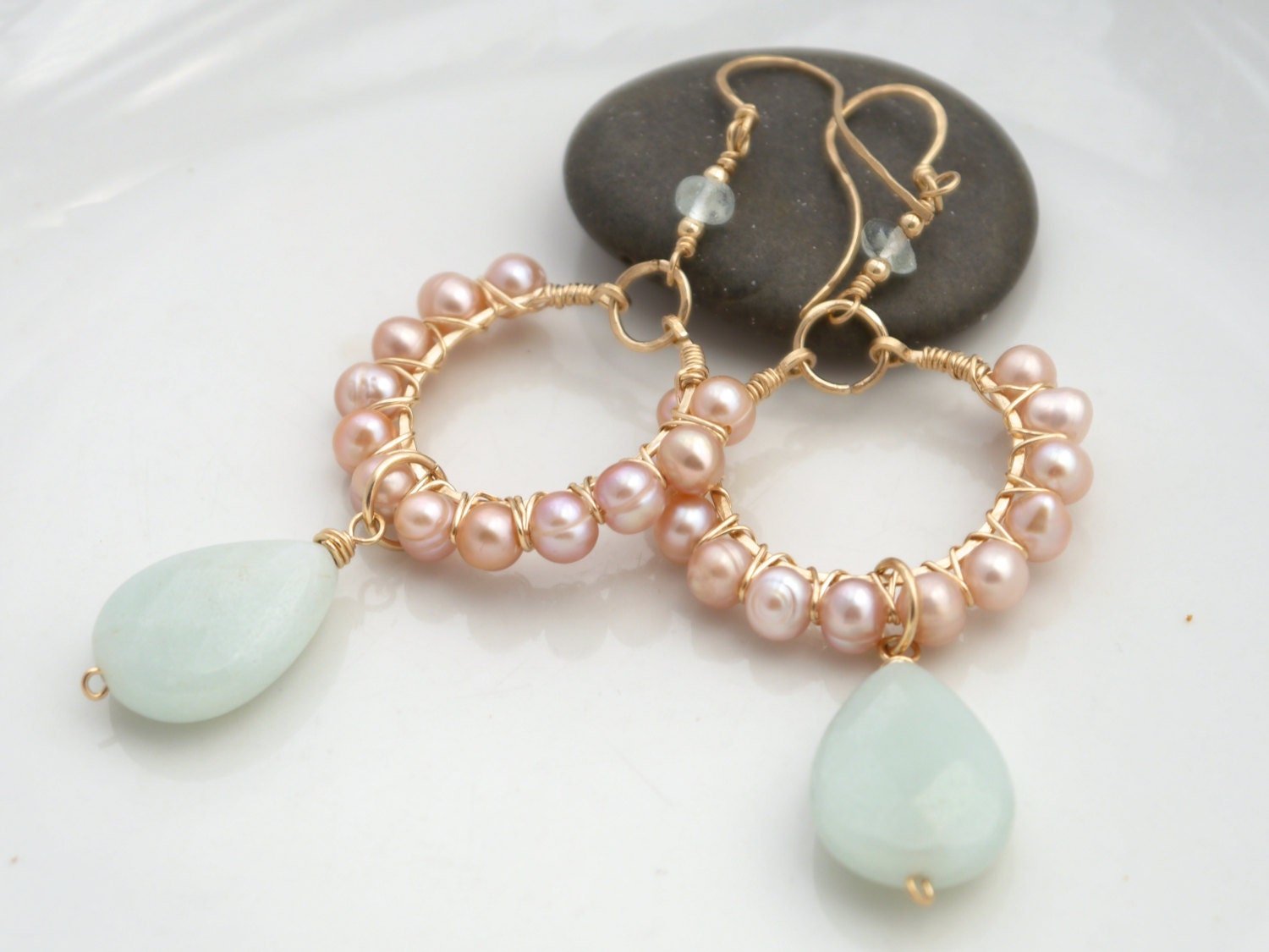 Pink Pearl Aqua Amazonite Hoop Gemstone Earrings, 14K Gold Filled Classic Wedding