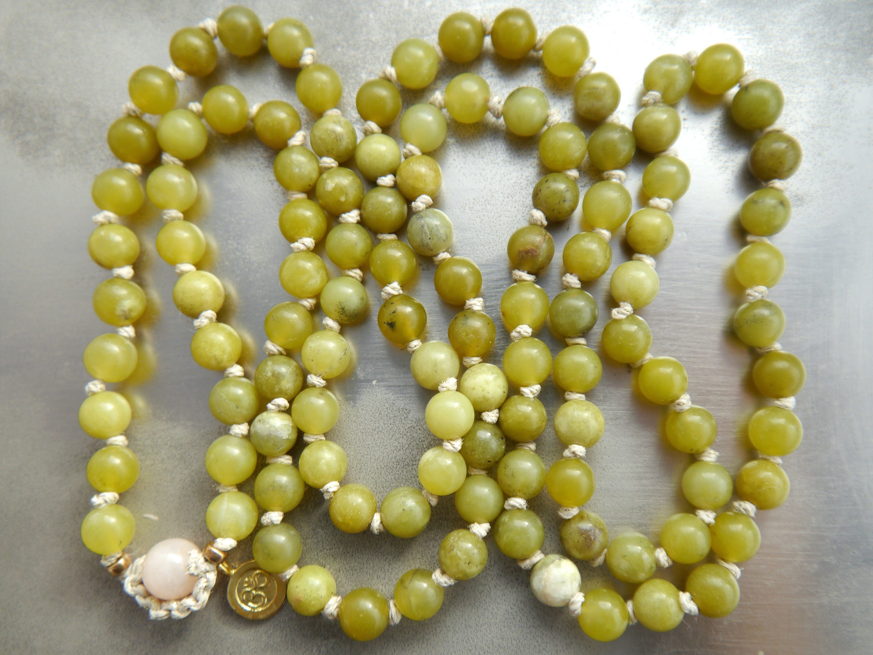 Olive Green Serpentine Mala Beads, 108 Gemstone Beads, Wrap, Hand Knotted